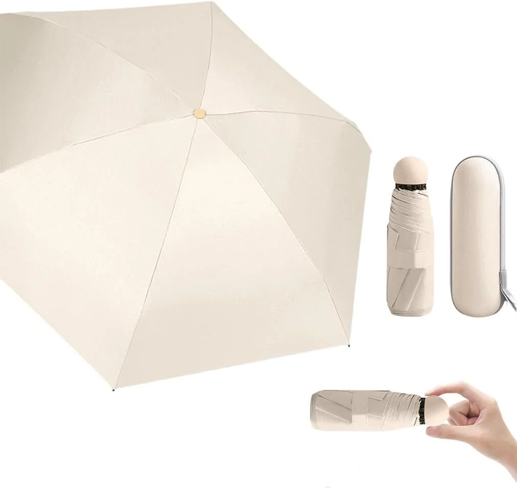چتر مینی تاشو Aowin برای محافظت در برابر آفتاب، چتر جیبی، چتر مسافرتی سبک وزن قابل حمل با جعبه نگهداری، چتر ضد باد محافظت در برابر اشعه ماوراء بنفش، چتر آفتابی دو منظوره - بژ