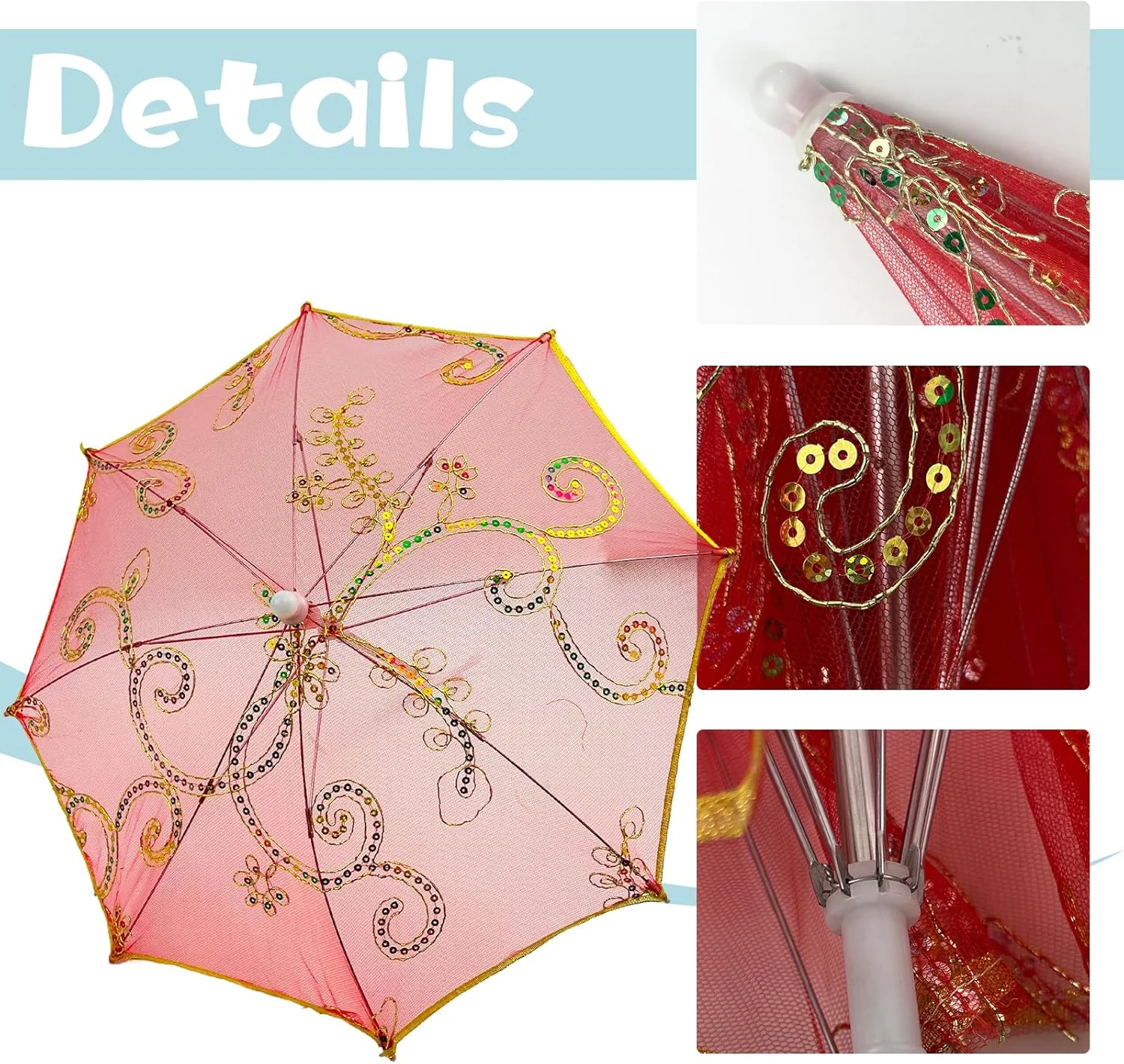 ست ۸ عددی چتر تزئینی کوچک هندی با پولک و دانتل، چتر آفتابی چند رنگ دست‌ساز با طراحی گلدوزی، چترهای درخشان وینتج بوهو برای مهمانی عروسی، جشن نوزاد، مهمانی چای