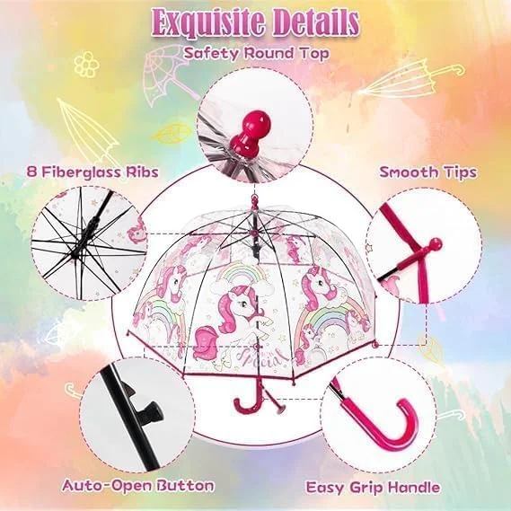 چتر حبابی شفاف بچگانه، چترهای گنبدی شفاف برای کودکان با بست ایمن و دسته قلاب دار با طراحی ایمن و مراقبت آسان برای باران پسران دختران، یک سایز