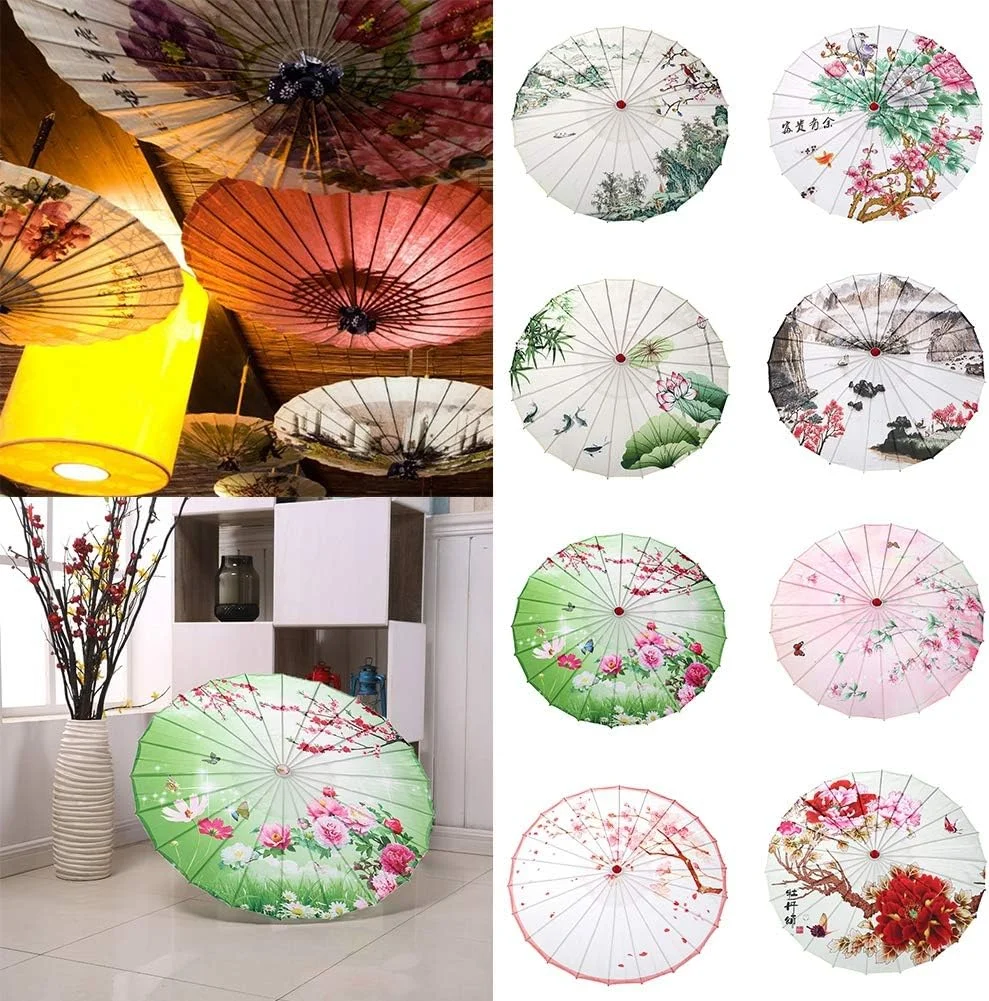 چتر کاغذی روغنی خودساز، چتر آفتابی با دسته چوبی شکوفه های آلو، چتر کاغذی روغنی دست ساز کلاسیک، وسایل رقص ضد باران برای هنر دکور رقص کلاسیک