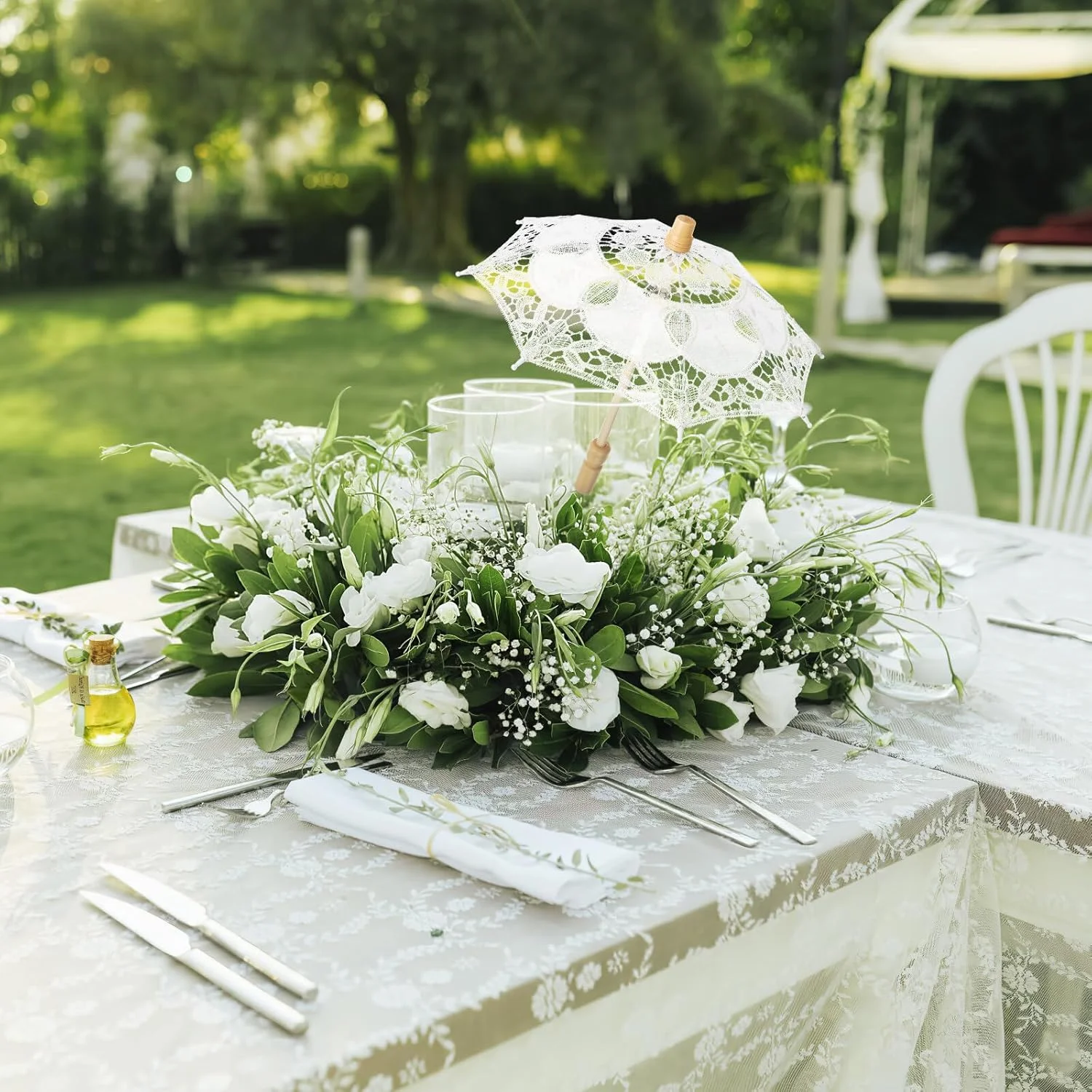 چتر توری عروسکی مینیاتوری Toyvian، چتر تزئینی توری گلدوزی شده، مناسب عکاسی، مدل چینی برای تزئین لباس عروسی و نقش آفرینی، سفید، 14.2x26.4 سانتیمتر