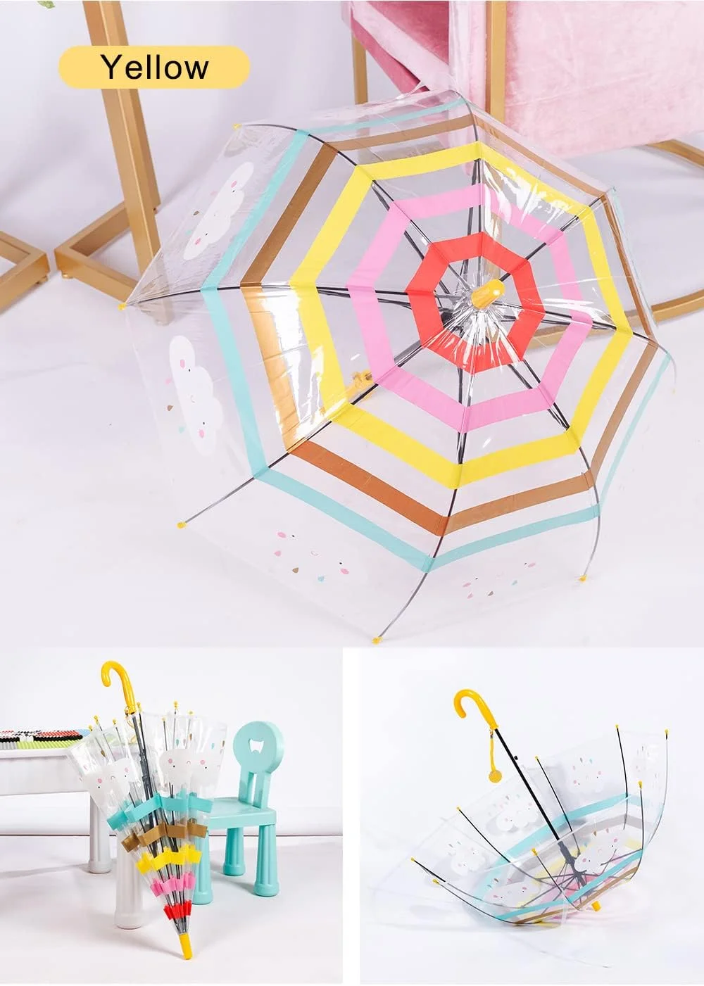 چتر حبابی شفاف کودکانه ThreeH، باز شدن خودکار، 8 پره فیبر، دسته با طراحی آسان، چتر رنگین کمانی گنبدی شفاف