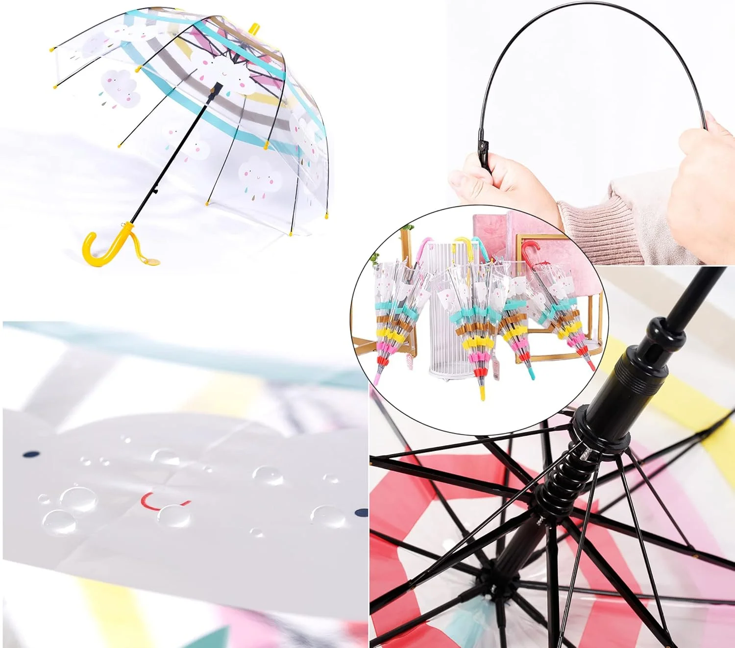 چتر حبابی شفاف کودکانه ThreeH، باز شدن خودکار، 8 پره فیبر، دسته با طراحی آسان، چتر رنگین کمانی گنبدی شفاف