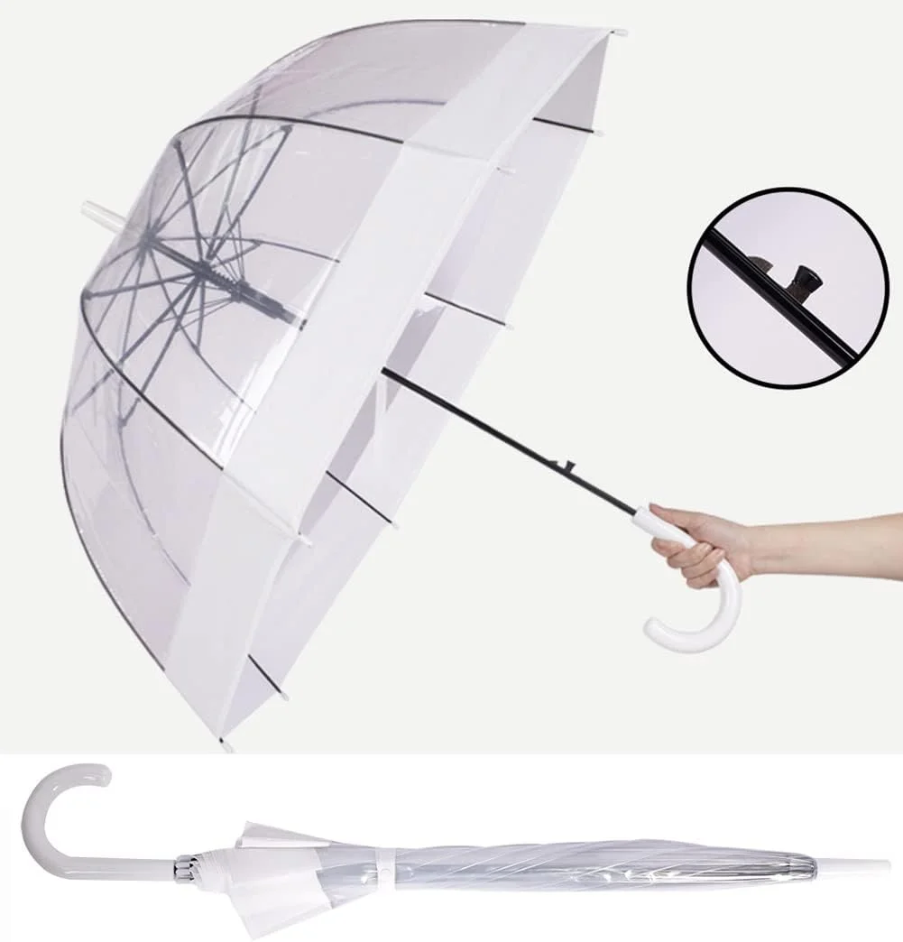 چتر حبابی شفاف ThreeH با دسته آسان گیر، پلاستیک بادوام، گنبدی شفاف، 8 پره، چتر عصایی بازشو خودکار