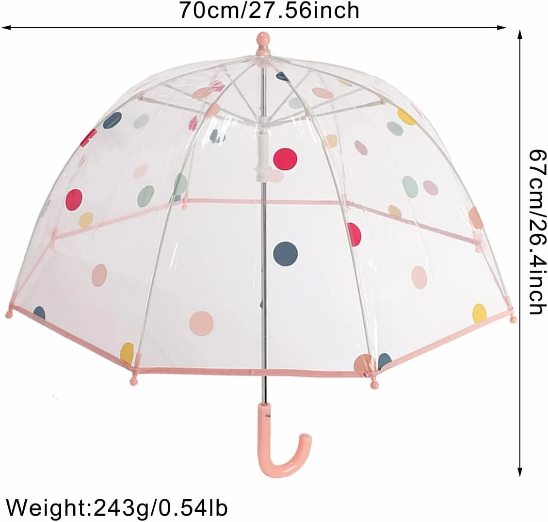 چتر حبابی شفاف کودکانه ThreeH با دسته منحنی، جنس پلاستیکی بادوام، ضد ضربه، 8 پره، باز شدن دستی، چتر خالدار دوست داشتنی برای پسران و دختران