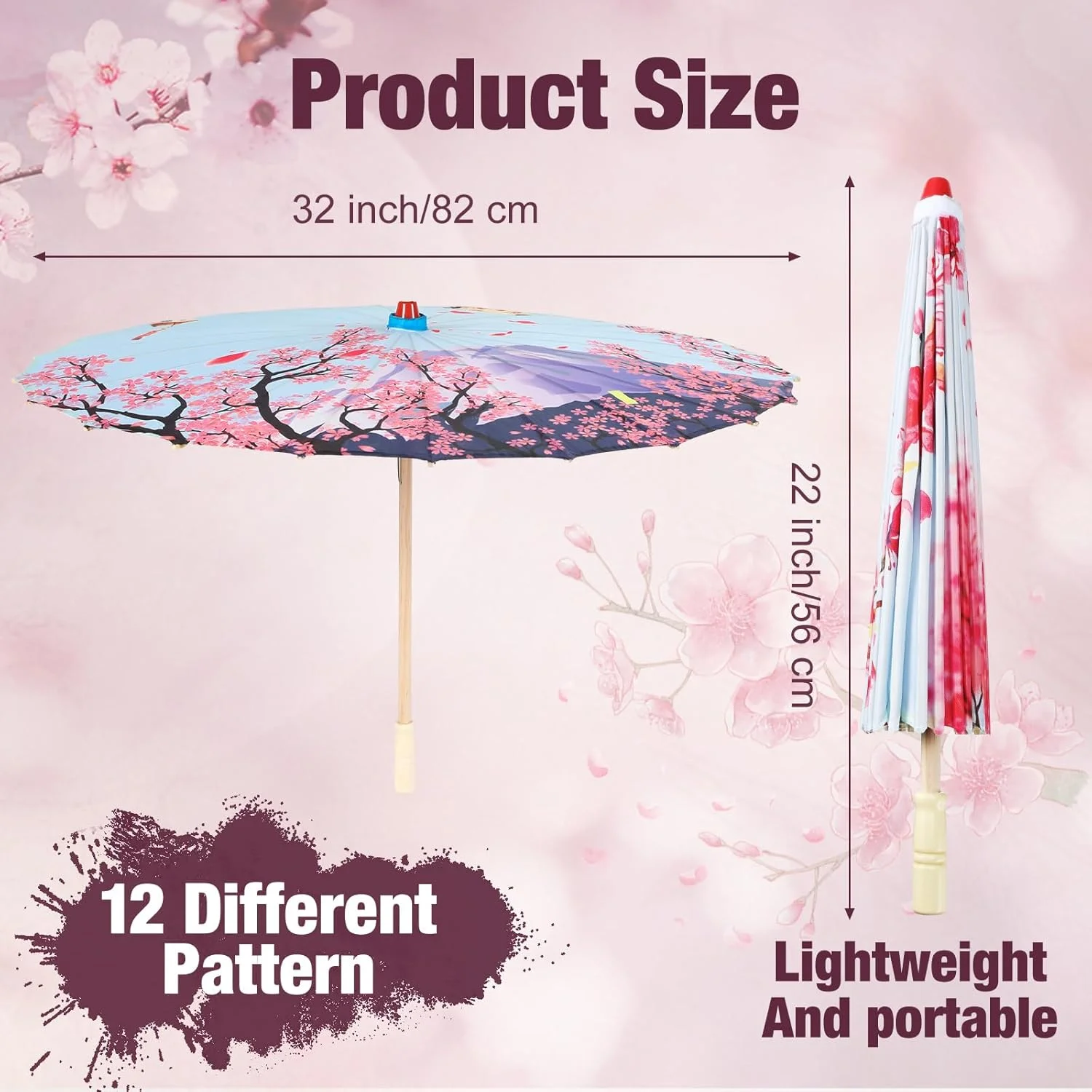 ست 12 عددی چتر کاغذی روغنی دست ساز چینی، چتر رقص هنری گلدار بامبو ابریشمی چینی ژاپنی