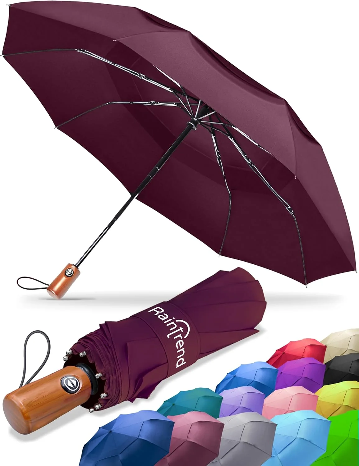 چتر مسافرتی ممتاز ضد باد برای باران - جمع و جور، کوچک، تاشو، اتوماتیک، مقاوم در برابر باد شدید، سایبان دوتایی بزرگ - چتر زنانه مردانه برای کوله پشتی، ماشین، کیف دستی