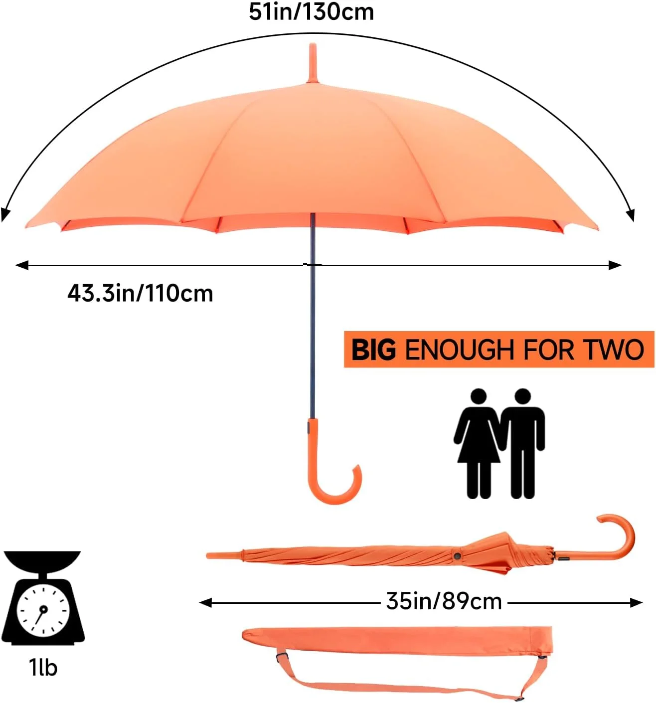 چتر آفتابی و بارانی با دسته خمیده، باز شدن خودکار، محافظت در برابر اشعه فرابنفش 50+، ضد باد و ضد آب، نارنجی