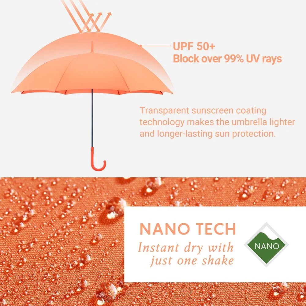 چتر آفتابی و بارانی با دسته خمیده، باز شدن خودکار، محافظت در برابر اشعه فرابنفش 50+، ضد باد و ضد آب، نارنجی