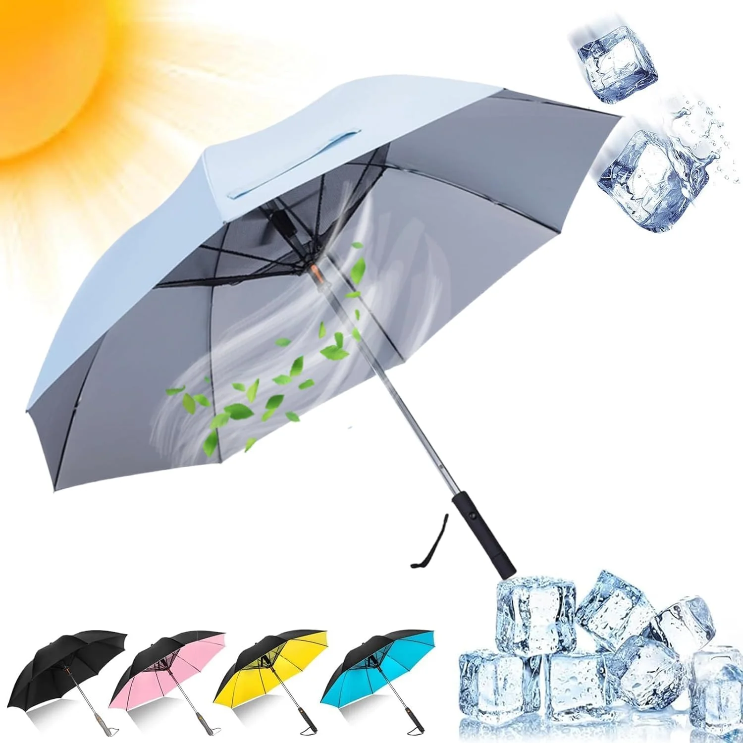 چتر آفتابی - چتر دسته بلند با فن، چتر آفتابی با سیستم فن و مه پاش داخلی، چتر چند منظوره با اسپری، ایده آل برای روزهای گرم و آفتابی