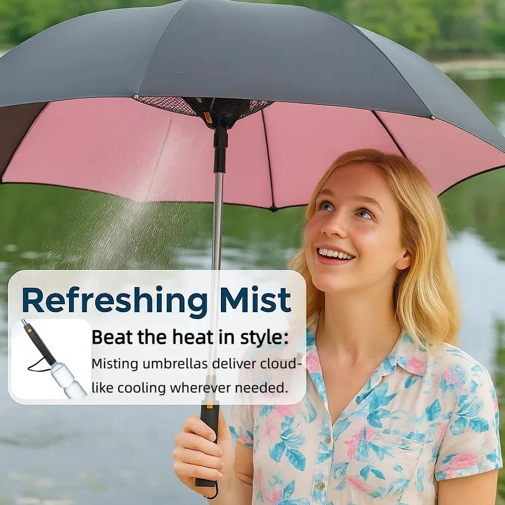 چتر آفتابی - چتر دسته بلند با فن، چتر آفتابی با سیستم فن و مه پاش داخلی، چتر چند منظوره با اسپری، ایده آل برای روزهای گرم و آفتابی