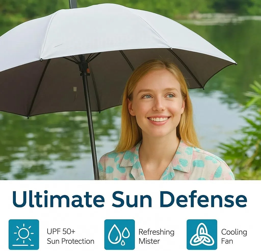 چتر آفتابی - چتر دسته بلند با فن، چتر آفتابی با سیستم فن و مه پاش داخلی، چتر چند منظوره با اسپری، ایده آل برای روزهای گرم و آفتابی