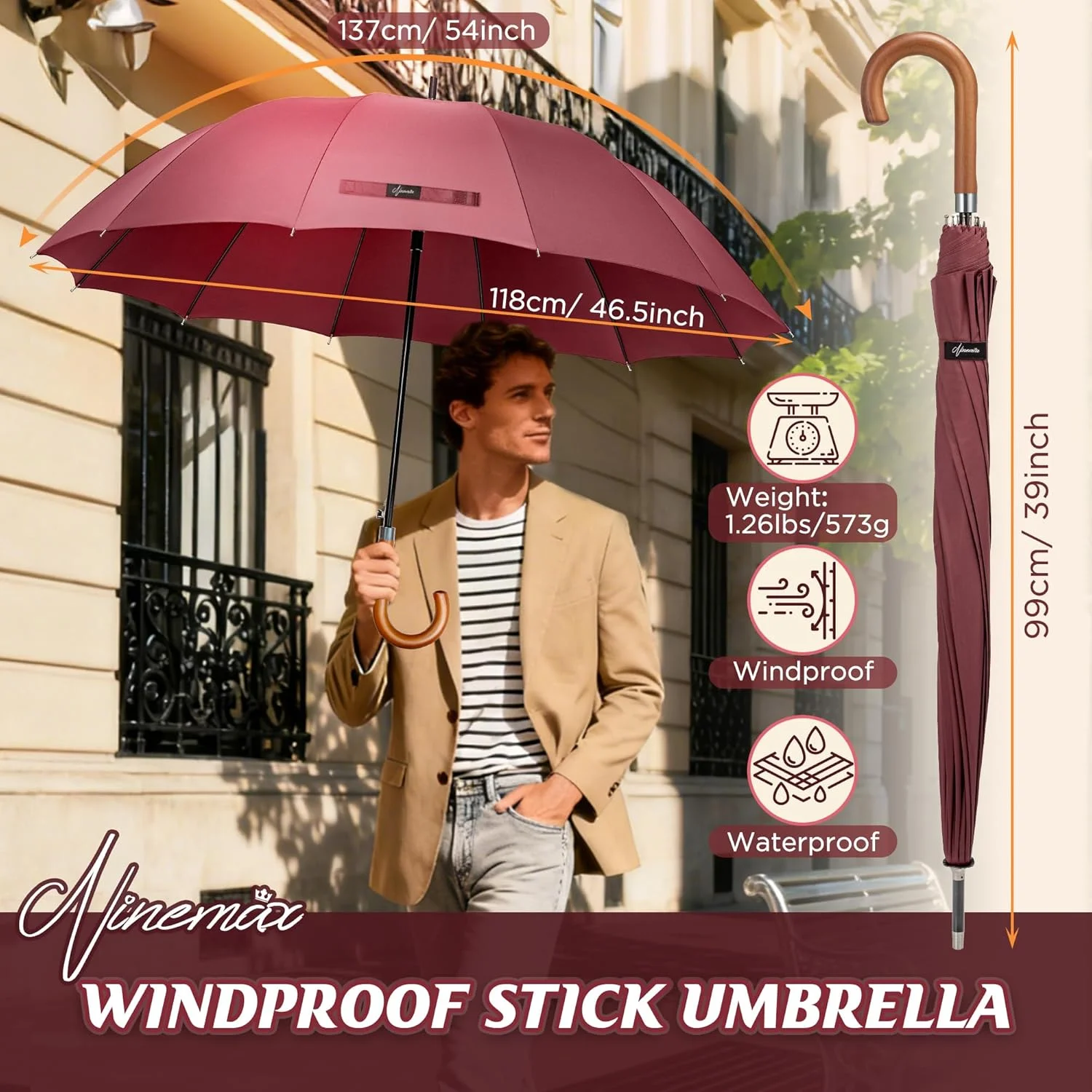 چتر عصایی نینمکس، باز شدن خودکار، ضد باد، سایز بزرگ 54 اینچ، مقاوم و بادوام برای آقایان و بانوان (12 پره)