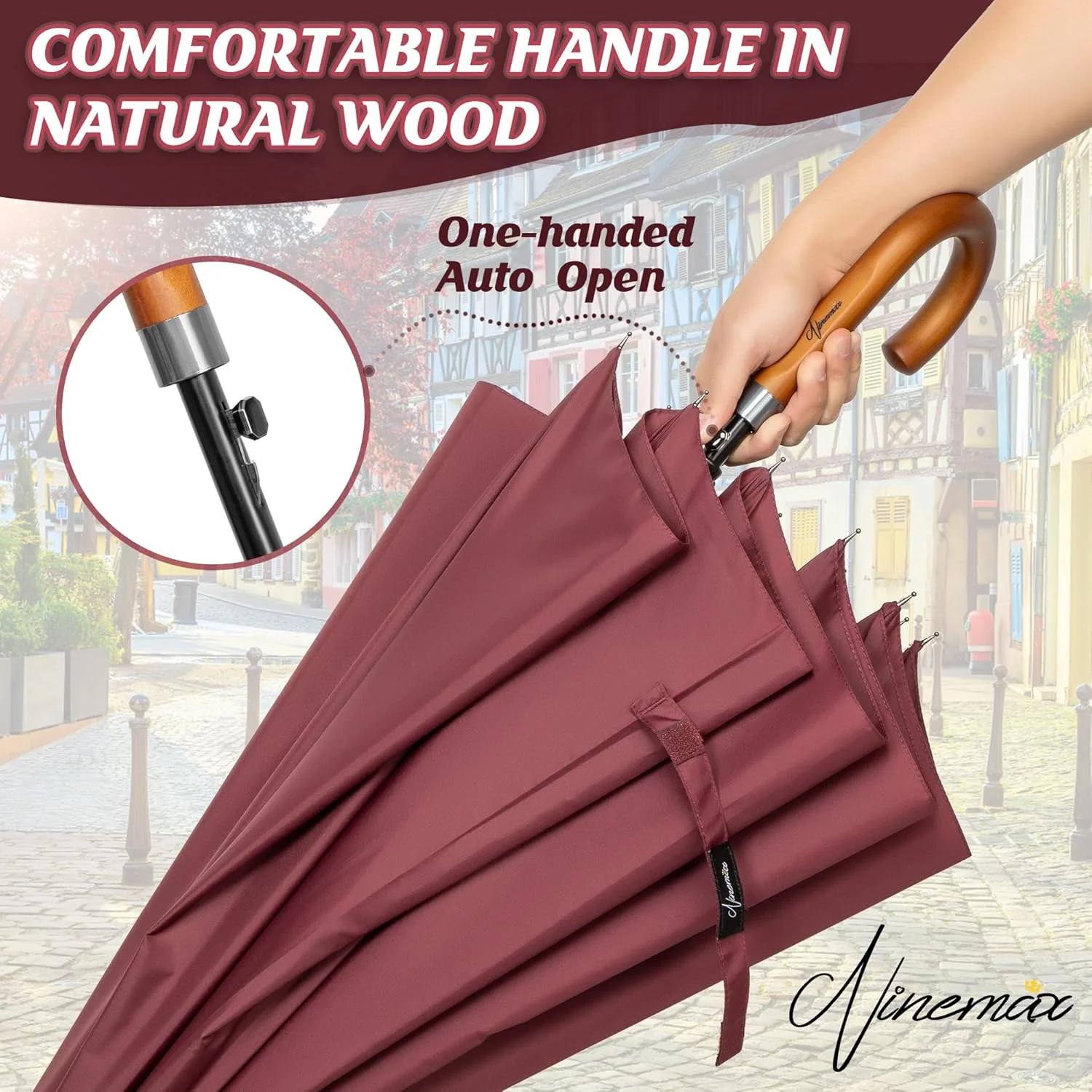 چتر عصایی نینمکس، باز شدن خودکار، ضد باد، سایز بزرگ 54 اینچ، مقاوم و بادوام برای آقایان و بانوان (12 پره)