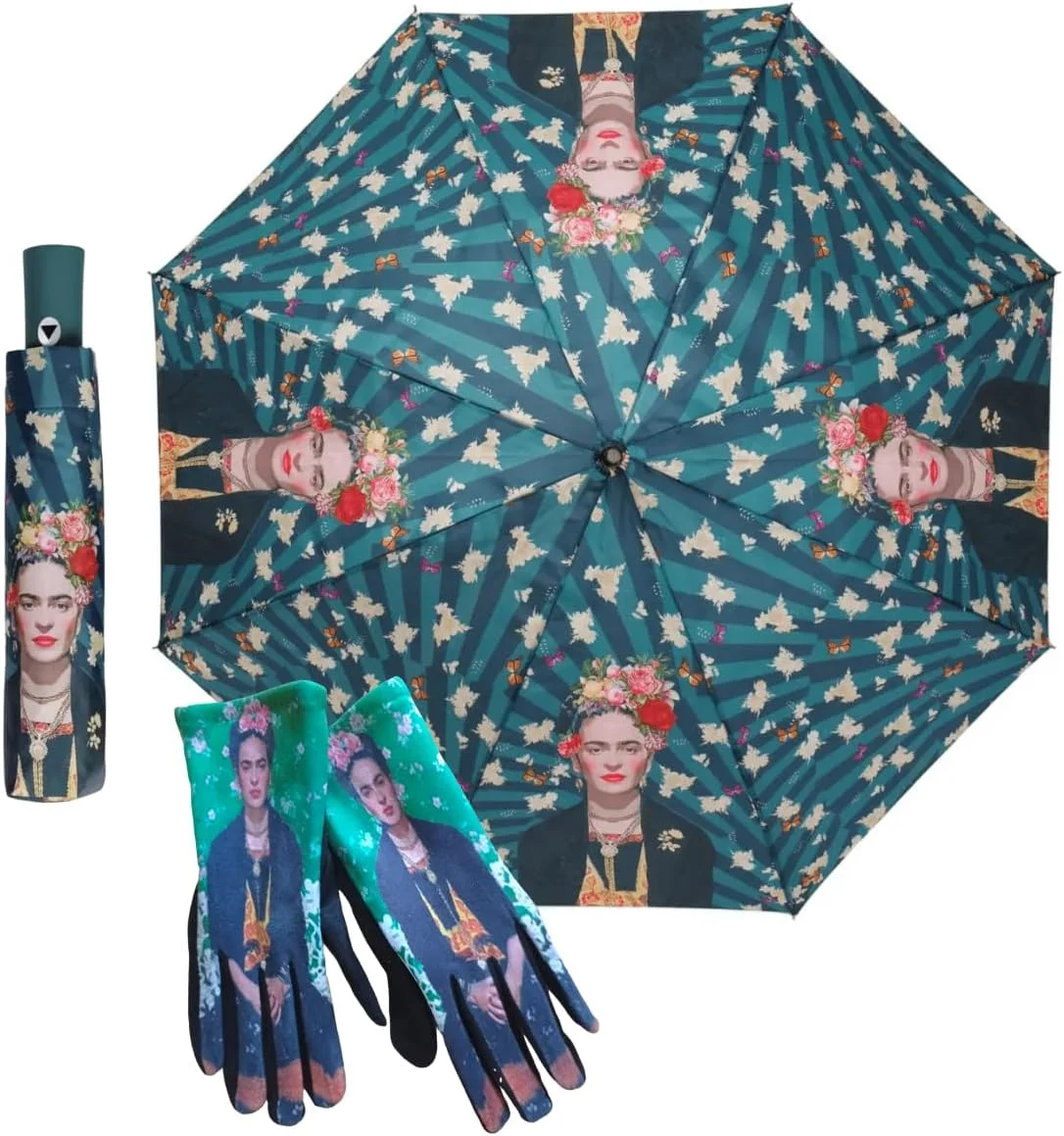 چتر زنانه میرو تراول ور طرح فریدا، رنگ، هنر و استایل در باران! چتر بلند ضد باد | طرح گل و پروانه | هدیه اورجینال