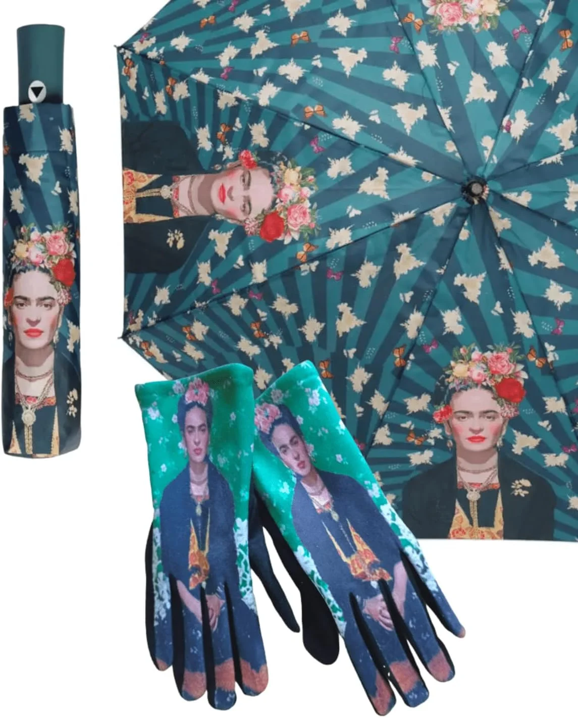 چتر زنانه میرو تراول ور طرح فریدا، رنگ، هنر و استایل در باران! چتر بلند ضد باد | طرح گل و پروانه | هدیه اورجینال