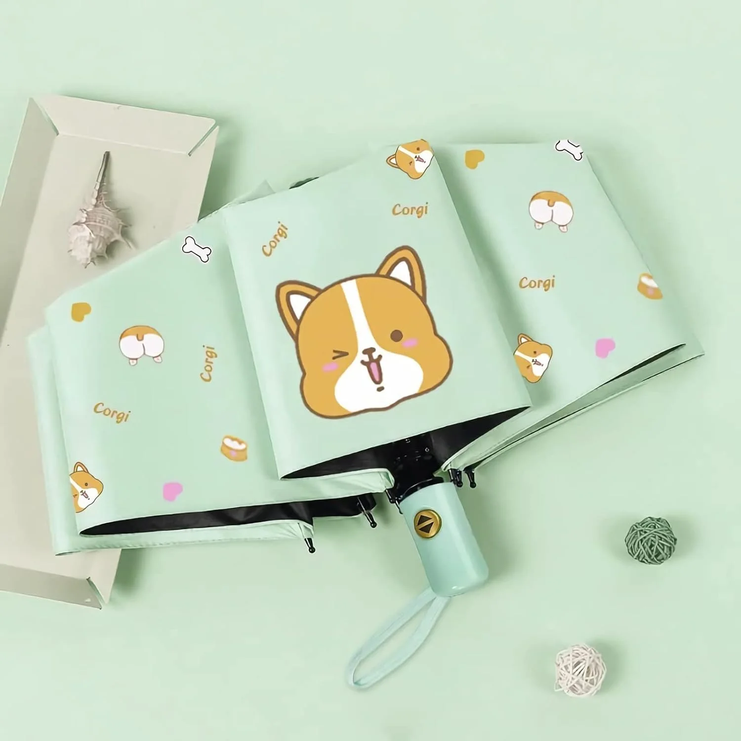 چتر اتوماتیک MAKINGTEC، چتر کارتونی گلف مسافرتی ضد باد با محافظت در برابر اشعه ماوراء بنفش، چتر آفتابی و بارانی با تهویه دوگانه (قطر 85 سانتی متر، سبز روشن، کورگی)