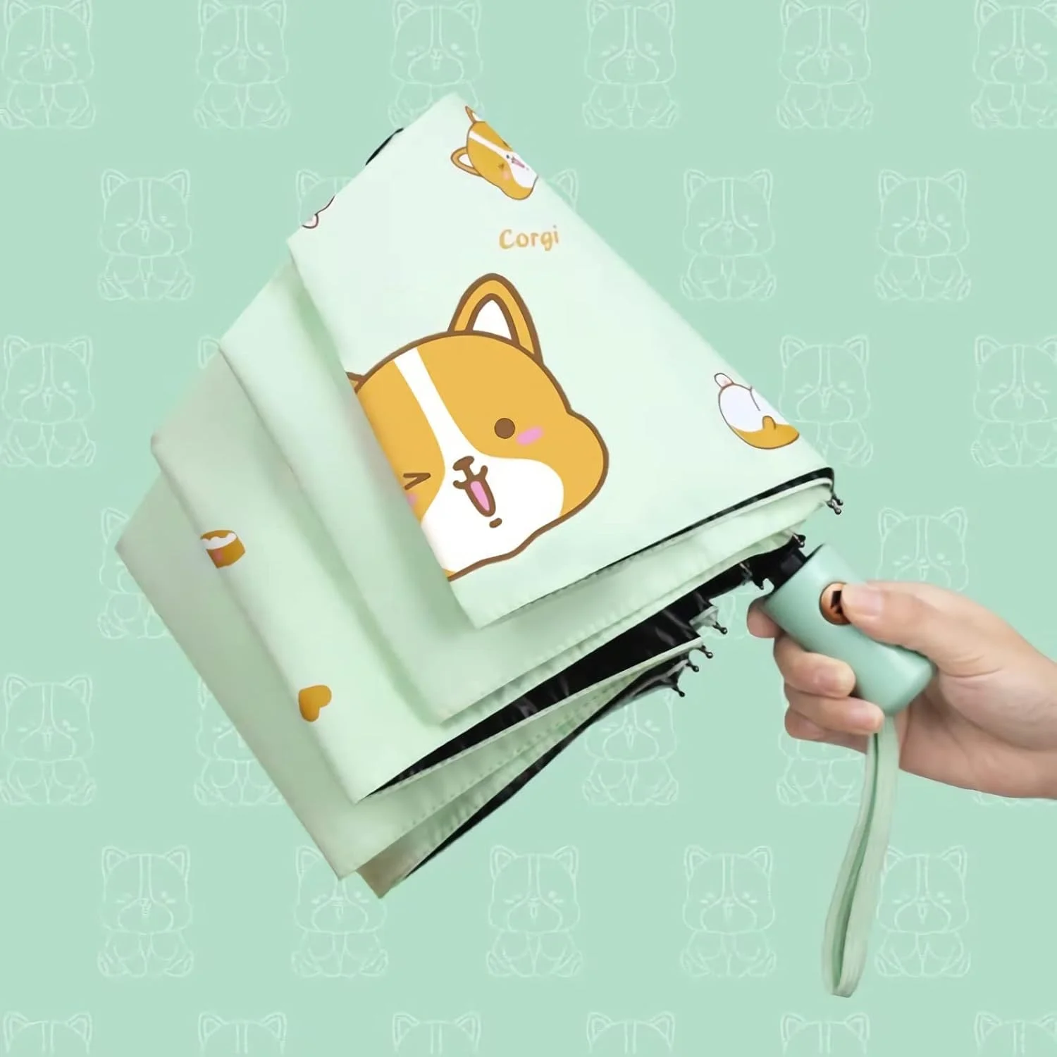 چتر اتوماتیک MAKINGTEC، چتر کارتونی گلف مسافرتی ضد باد با محافظت در برابر اشعه ماوراء بنفش، چتر آفتابی و بارانی با تهویه دوگانه (قطر 85 سانتی متر، سبز روشن، کورگی)