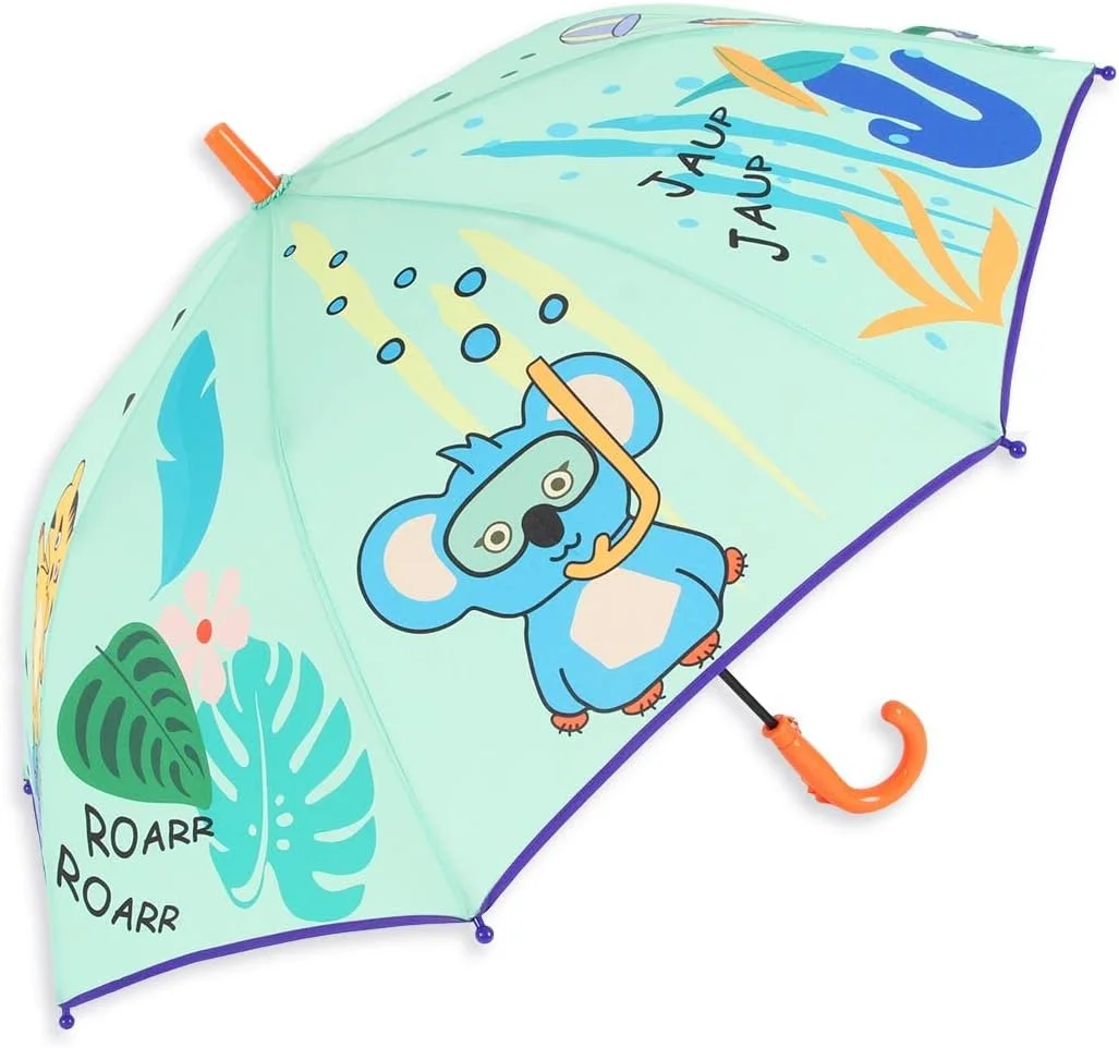 چتر کودکانه طرح جنگل دوستان، سبک وزن، دسته آسان گیر، دسته خمیده، مناسب کودکان نوپا، ضد باد با سوت، بند چسبی، 8 پره، برای پسران و دختران