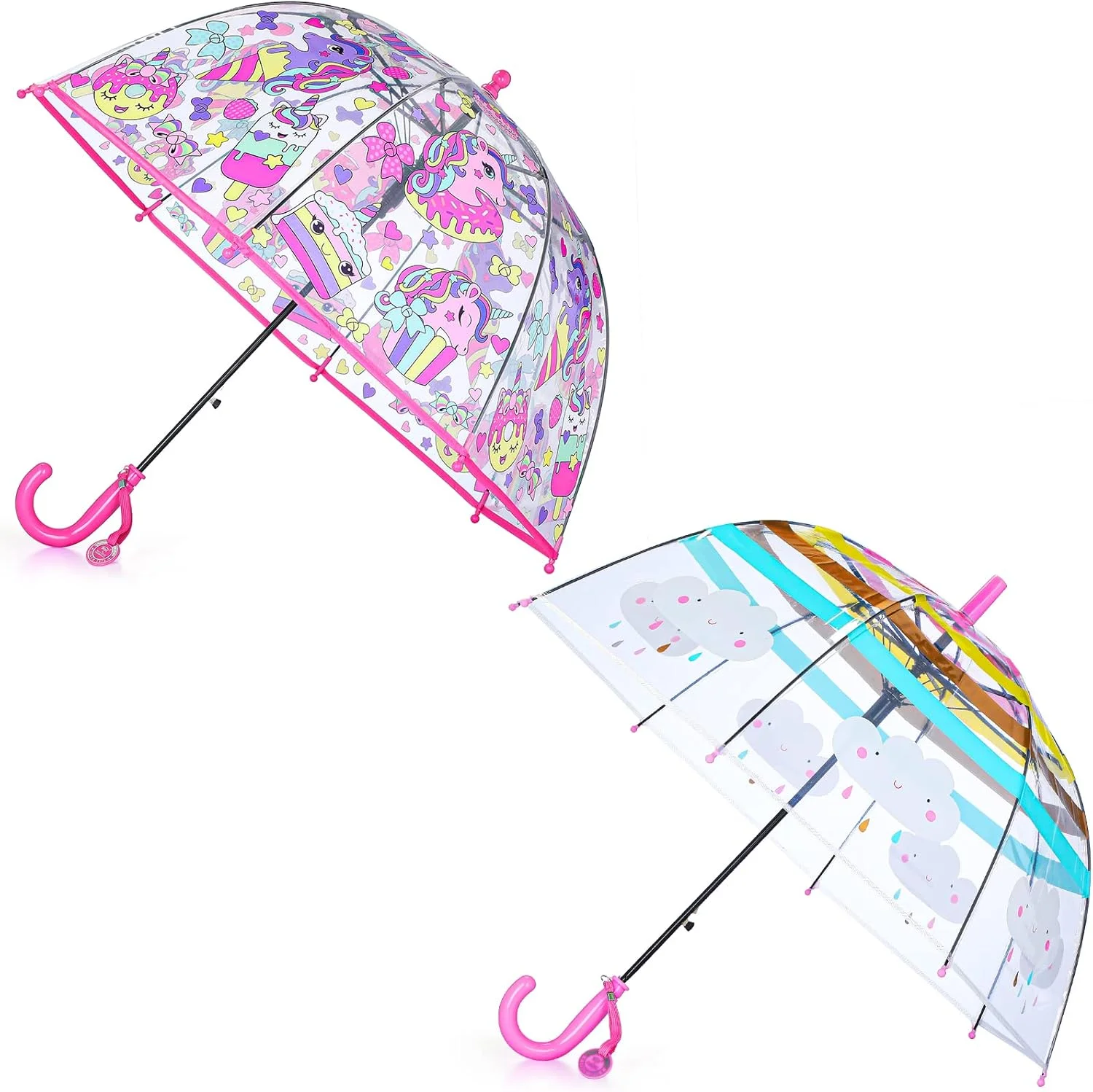 جکسین 2 عدد چتر حبابی شفاف کودکانه با دسته آسان گیر، چتر گنبدی شفاف، چتر کودکانه برای باران پسران دختران (ابر رنگین کمان، تکشاخ)