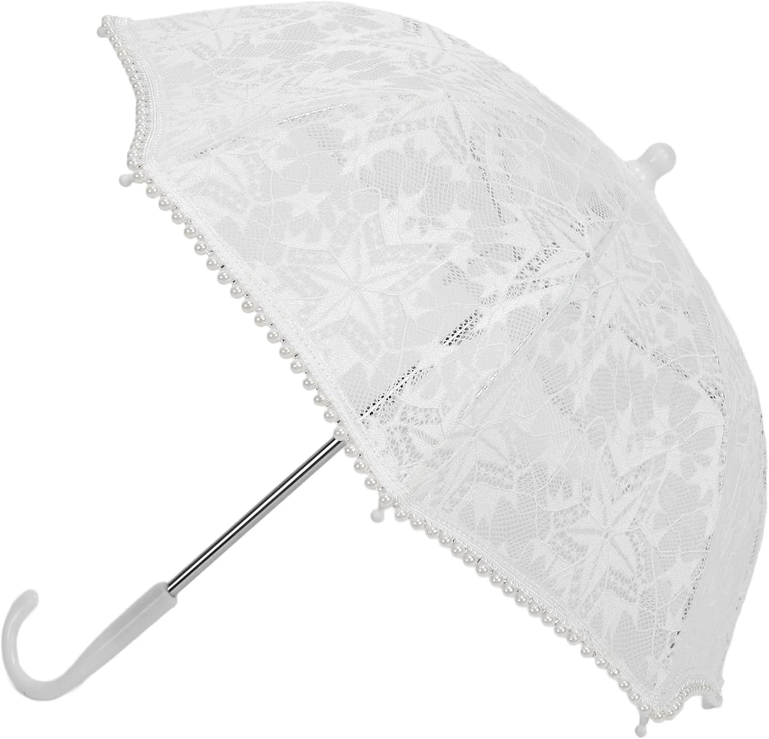 چتر توری سفید فافیسی، چتر عروس با گل های گلدوزی شده و دسته ارگونومیک، مناسب برای عکاسی و مهمانی