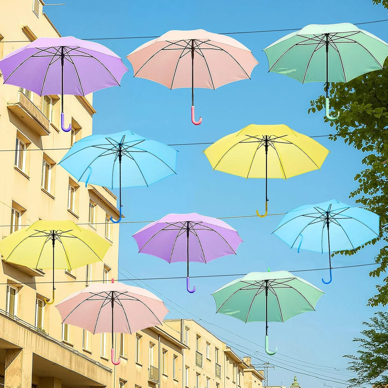 ۱۰ عدد چتر خیابانی تزئینی اکلای، ۳۵.۵ اینچ، چترهای رنگی ماکارون برای آویزان کردن، مناسب دکوراسیون جشن تولد عروسی در فضای باز، وسایل غرفه عکس، دکوراسیون تجاری خیابان باغ