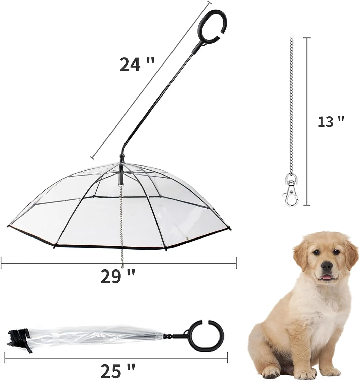 چتر سگ با دسته قابل تنظیم، چتر حیوانات خانگی با بند فولادی ضد باران برای سگ های کوچک - شفاف