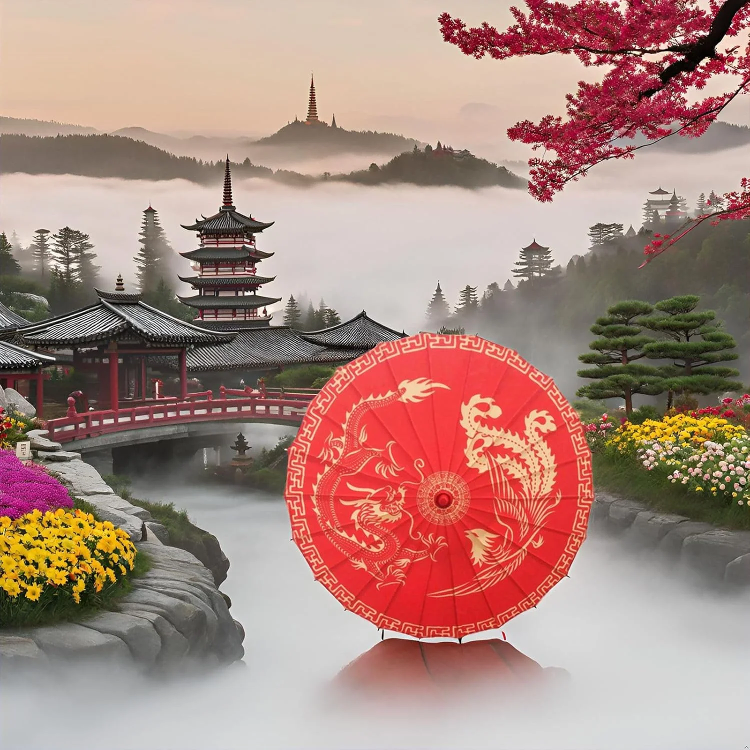 چتر دست ساز روغنی بامبو ابریشمی، چتر رقص کلاسیک هنری چینی ژاپنی طرح شکوفه آلو برای مهمانی های عروسی، عکاسی، لباس، تزئینات و سایر رویدادها