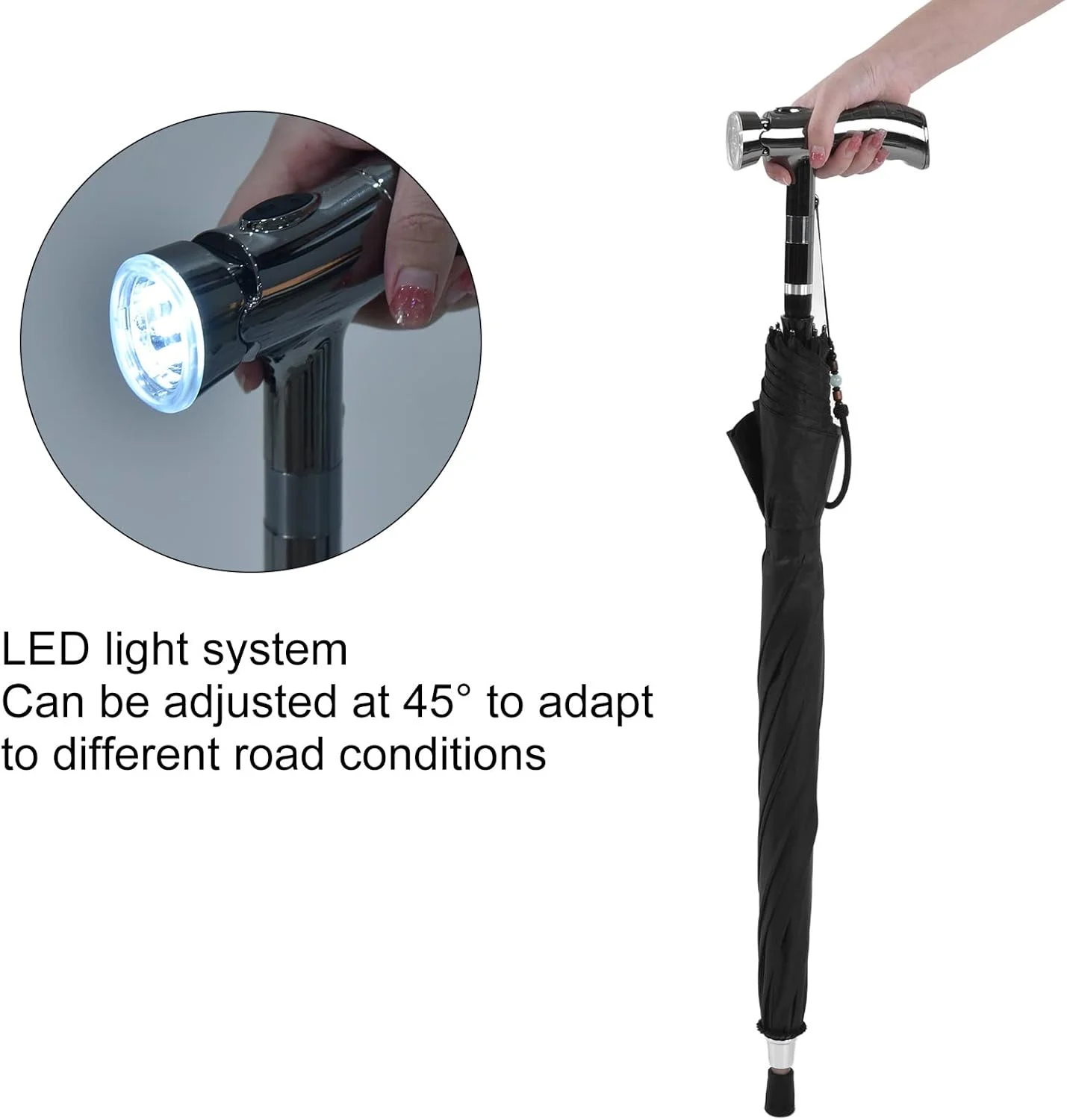 چتر وینیل، عصای چتری چراغ قوه LED برای مواقع اضطراری، مسافرت و فضای باز (نقره ای)