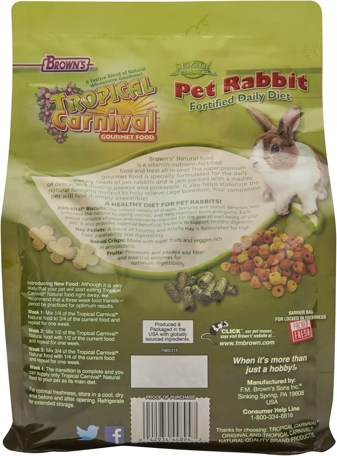 غذای خرگوش طبیعی کارناوال گرمسیری F.M. Brown's، کیسه 4 پوندی - رژیم غذایی روزانه غنی شده با ویتامین و مواد مغذی با یونجه تیموتی و پلت های یونجه با فیبر بالا برای هضم مطلوب