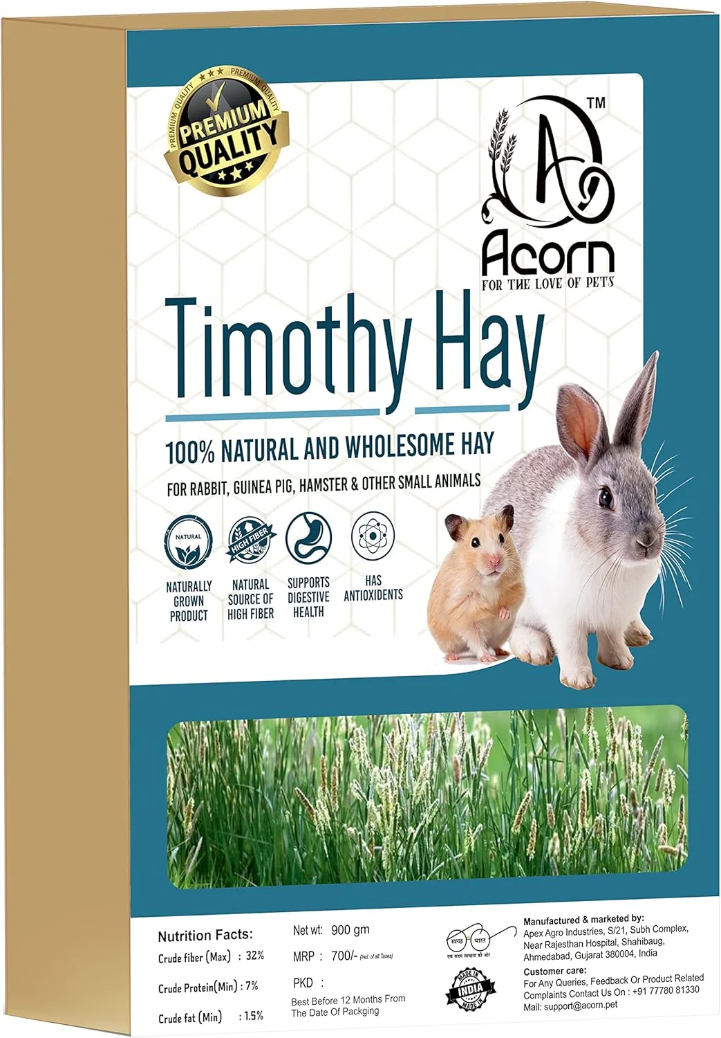 یونجه خشک تیموتی آکورن (900 گرم) | غذای خرگوش، خوکچه هندی، همستر و سایر حیوانات کوچک | غذای سرشار از فیبر | بدون آفت کش