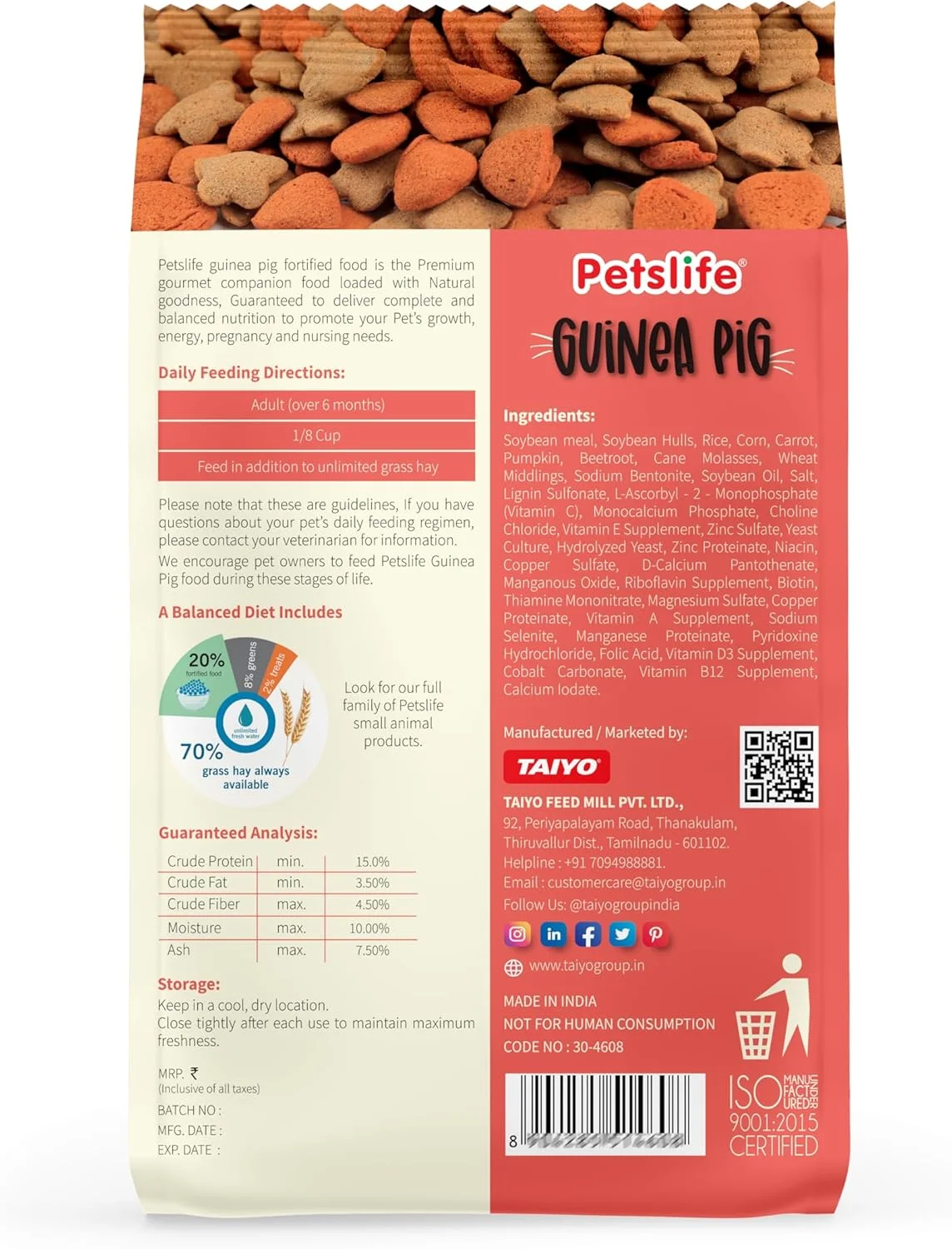 غذای پلت مخصوص خوکچه هندی پتس لایف، مناسب برای تمام مراحل زندگی، طعم متنوع، 1 کیلوگرم