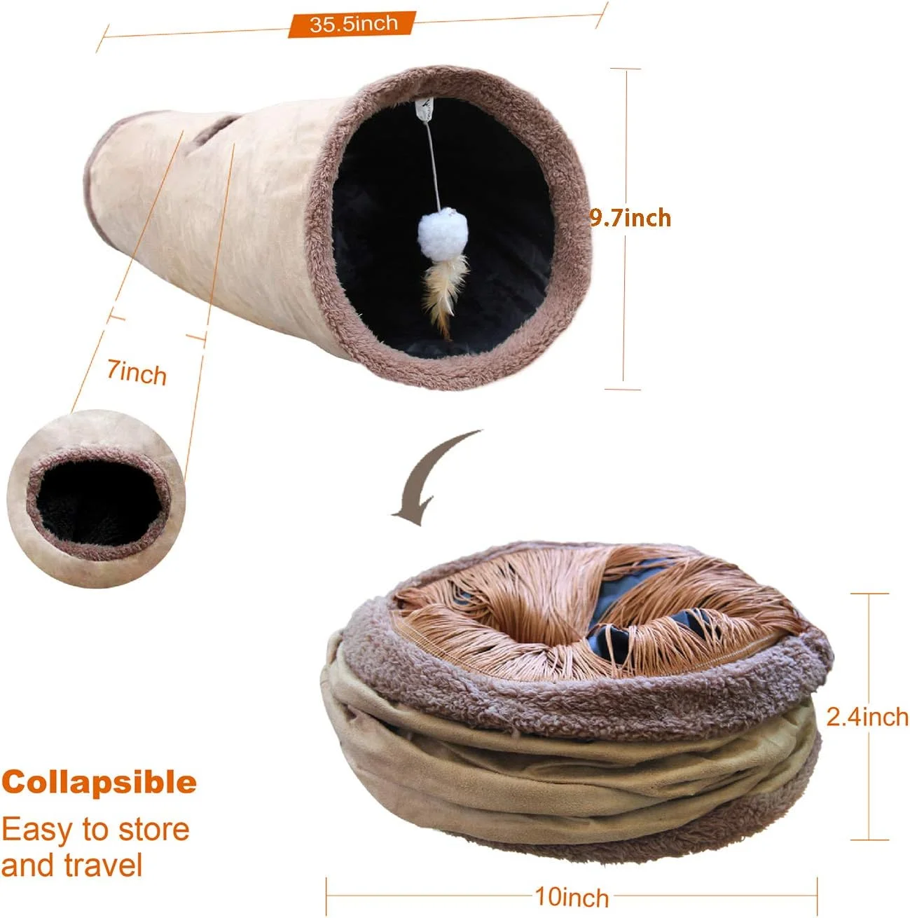 تونل تاشو بازی گربه پتست، لوله بازی حیوانات خانگی، تونل چروک با اسباب بازی گربه، طول 35 اینچ، قطر 9.7 اینچ