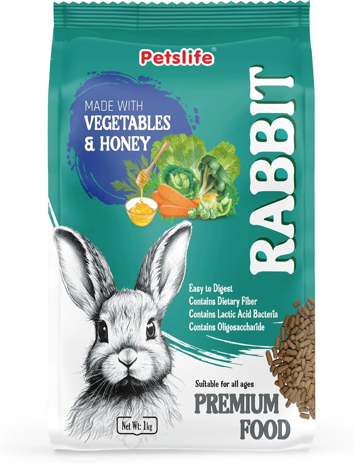 غذای ممتاز خرگوش پتس لایف، 1 کیلوگرم | فیبر بالا - تقویت هضم، ایمنی و انرژی | تغذیه متعادل برای خرگوش های کوچک و بزرگ | غذای ممتاز مناسب برای تمام سنین. (1 کیلوگرم، سبزیجات و عسل)
