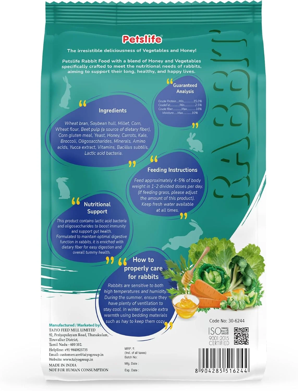 غذای ممتاز خرگوش پتس لایف، 1 کیلوگرم | فیبر بالا - تقویت هضم، ایمنی و انرژی | تغذیه متعادل برای خرگوش های کوچک و بزرگ | غذای ممتاز مناسب برای تمام سنین. (1 کیلوگرم، سبزیجات و عسل)