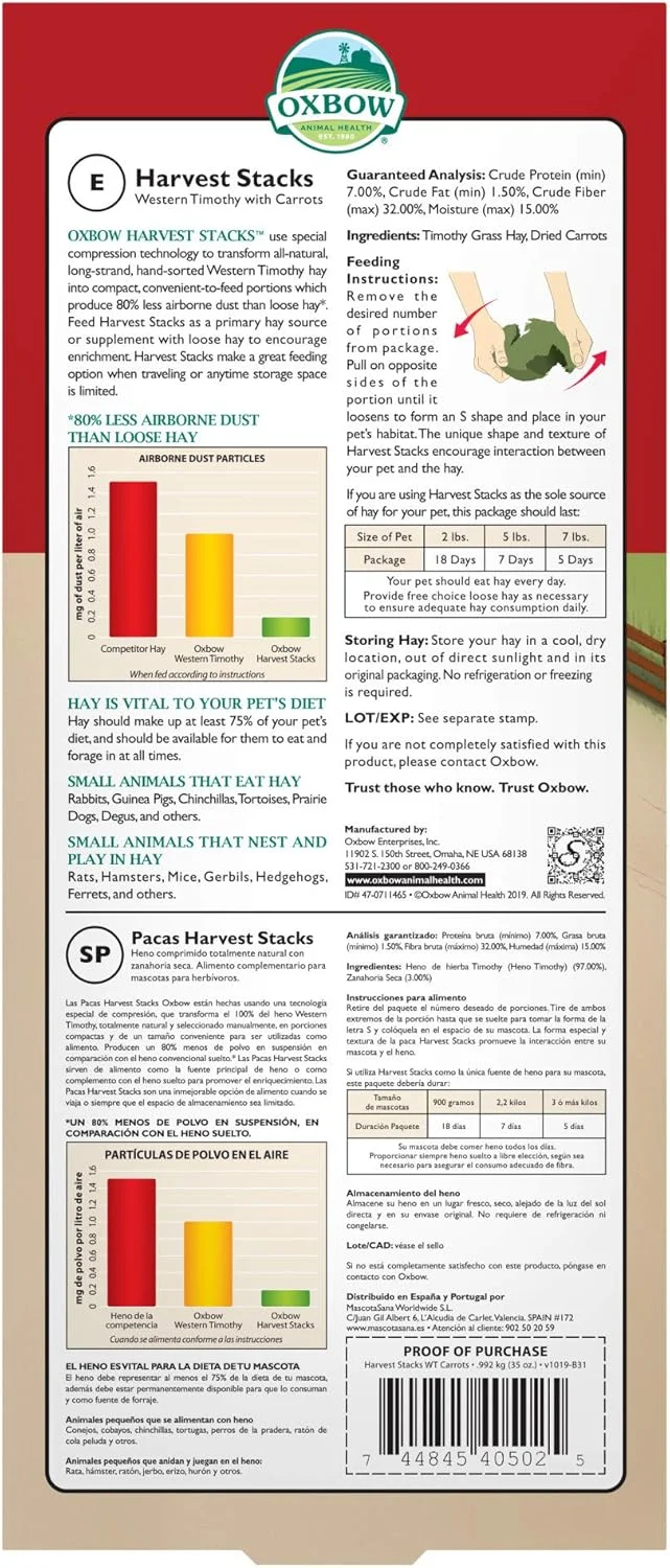 یونجه تیموتی Oxbow Harvest Stack با هویج برای حیوانات کوچک - 992 گرم