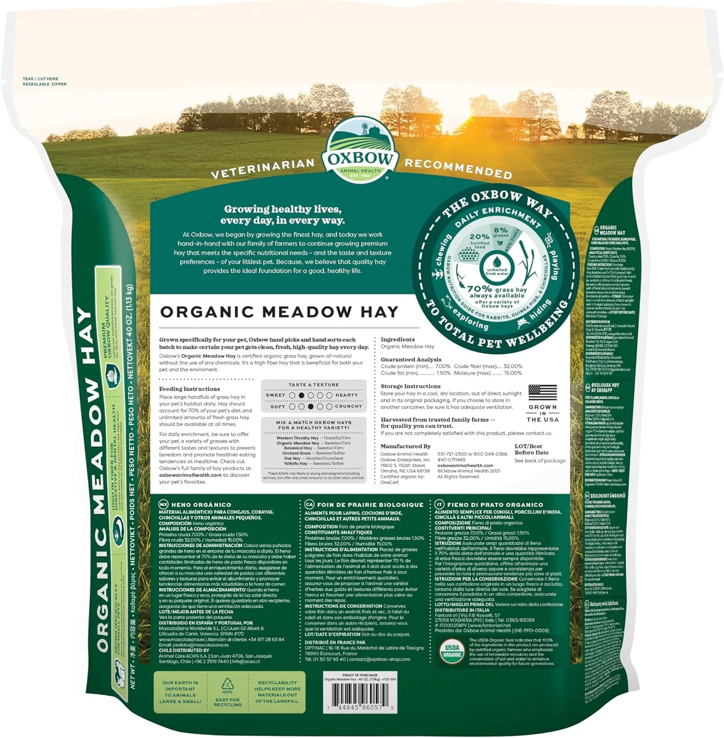 یونجه علفزار Oxbow Animal Health - یونجه کاملا طبیعی برای خرگوش ها، خوکچه های هندی، چینچیلاها، همسترها و جربیل ها - 40 اونس