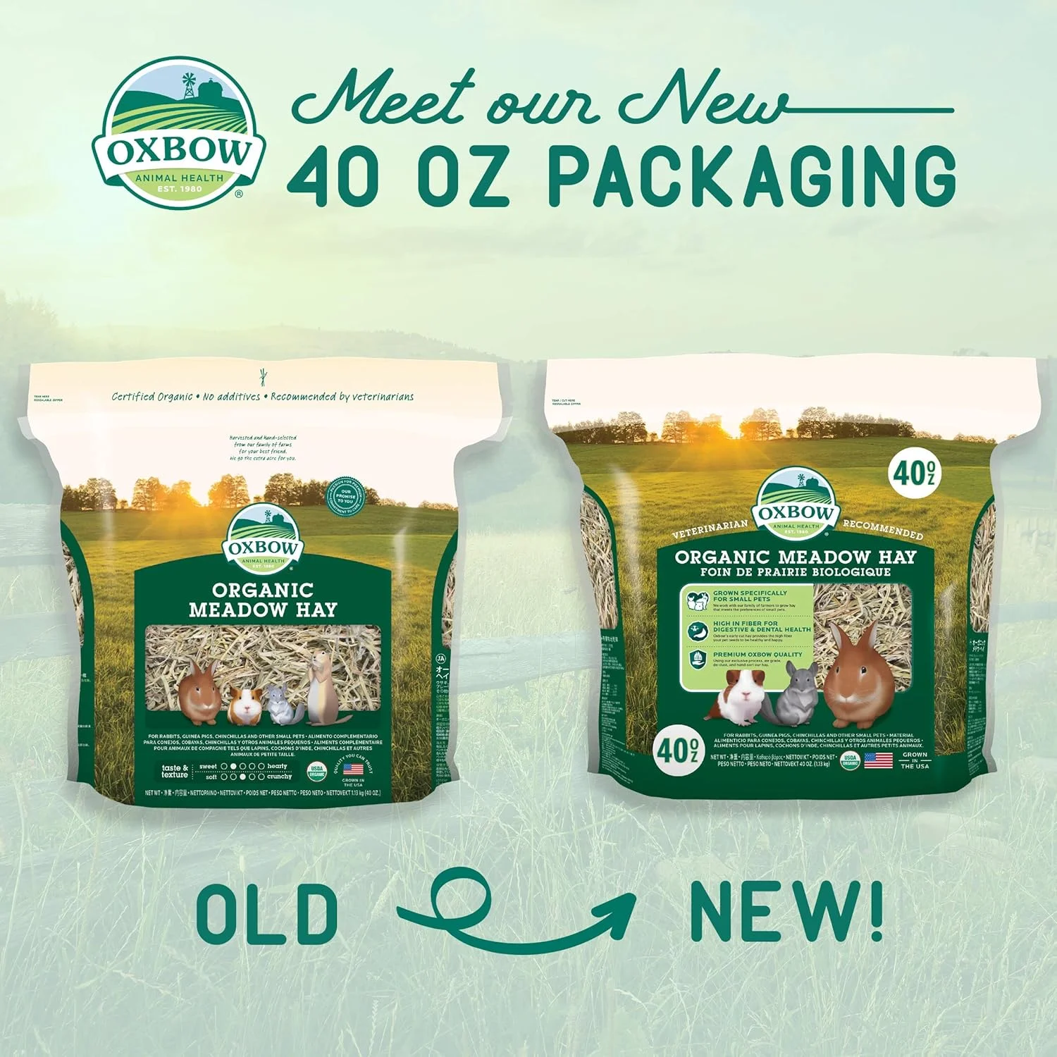 یونجه علفزار Oxbow Animal Health - یونجه کاملا طبیعی برای خرگوش ها، خوکچه های هندی، چینچیلاها، همسترها و جربیل ها - 40 اونس