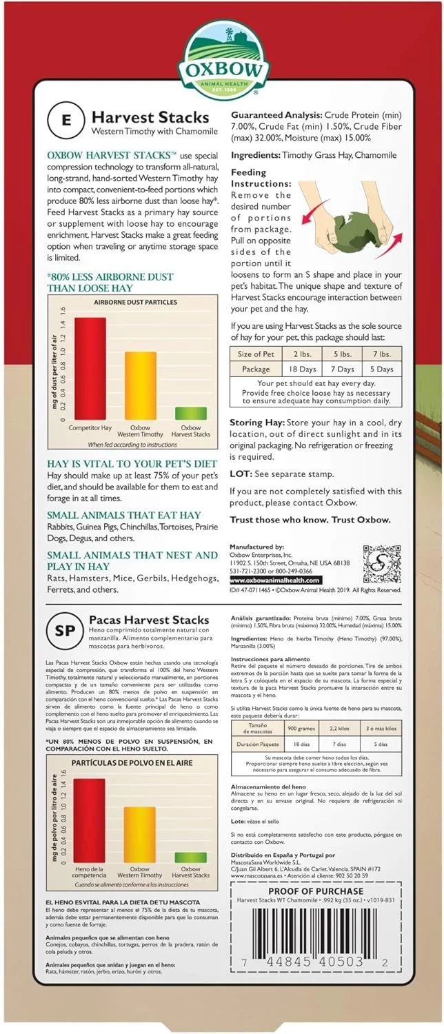 یونجه تیموتی غربی Oxbow Animal Health Harvest Hay Stacks با بابونه - یونجه کاملا طبیعی برای خرگوش ها، خوکچه هندی، چینچیلا، همستر و جربیل - 992 گرم