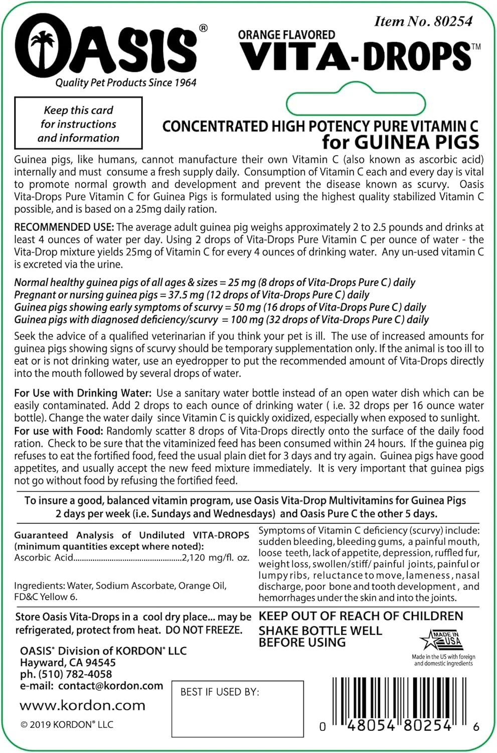 قطره ویتامین C خالص OASIS #80254 Vita Drops برای خوکچه هندی، 2 اونس، بسته بندی ممکن است متفاوت باشد