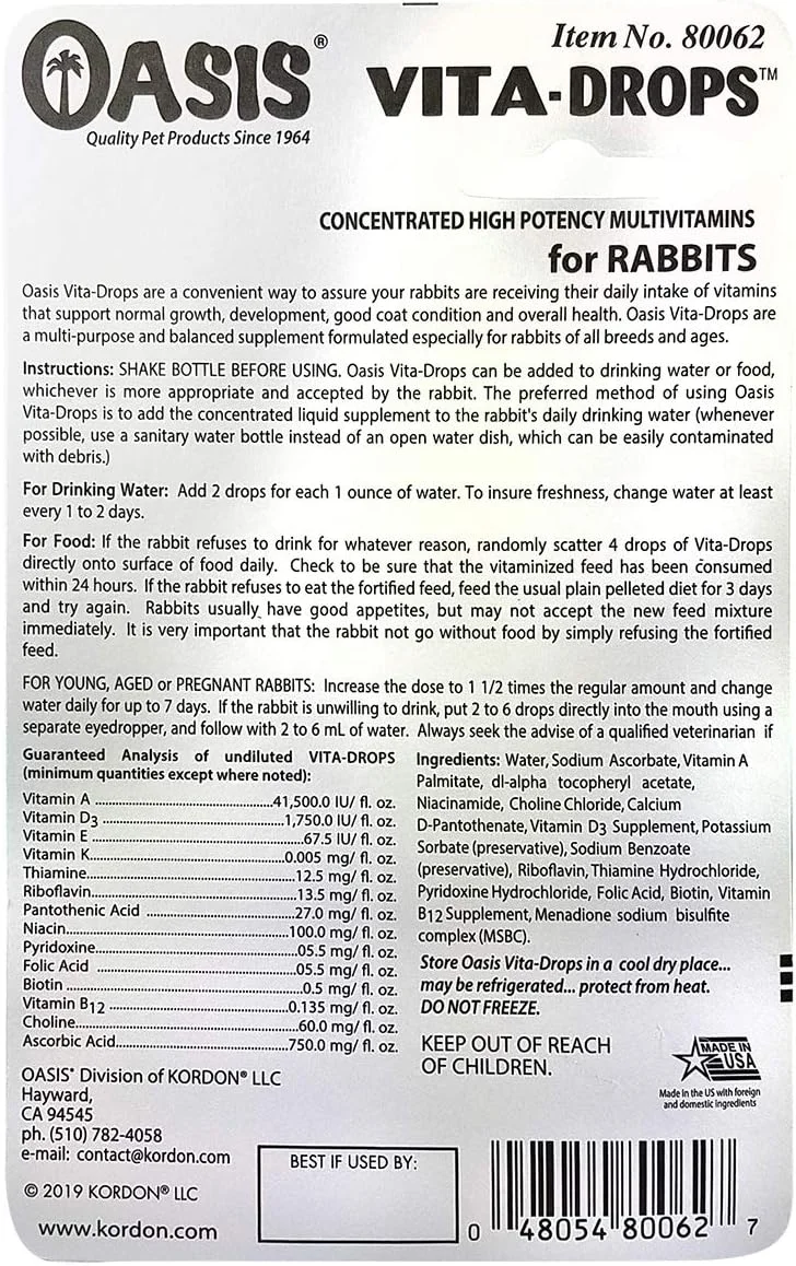 قطره های ویتامین روزانه قوی Oasis Vita-Drops برای خرگوش ها 60 میلی لیتر