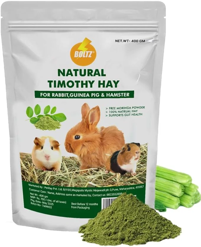 یونجه تیموتی طبیعی بولتز 400 گرمی برای خرگوش ها، خوکچه های هندی، همسترها و سایر حیوانات کوچک، یونجه فیبردار با اندازه متوسط برای تغذیه روزانه، (400 گرم)