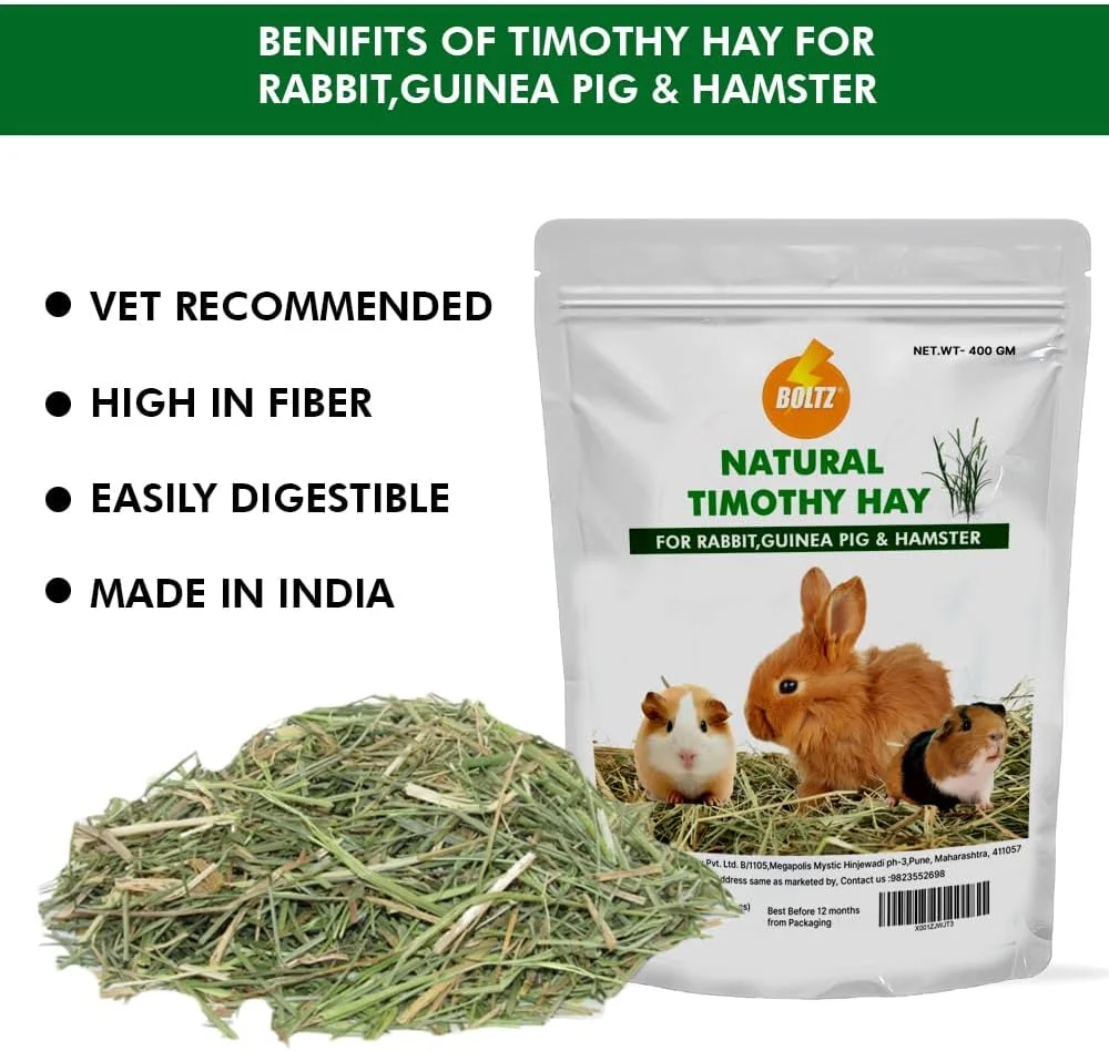 یونجه تیموتی طبیعی بولتز 400 گرمی برای خرگوش ها، خوکچه های هندی، همسترها و سایر حیوانات کوچک، یونجه فیبردار با اندازه متوسط برای تغذیه روزانه، (400 گرم)