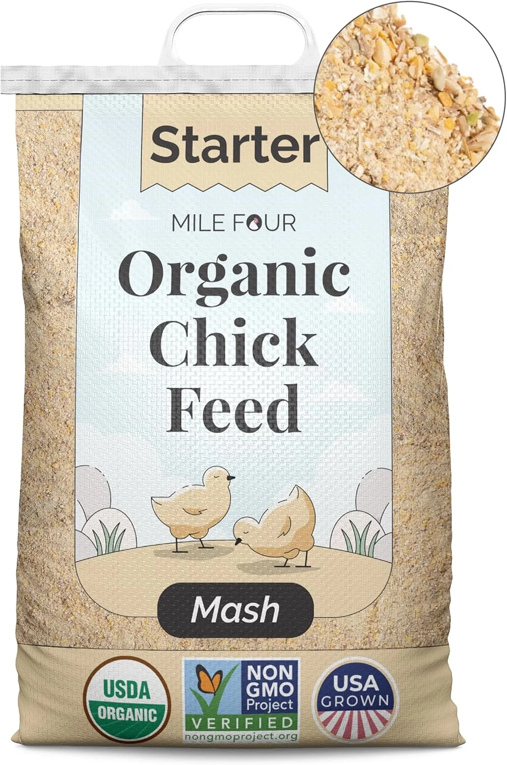 خوراک جوجه ارگانیک مایل فور - غذای پوره ای استارتر جوجه، غیر تراریخته، تولید شده در ایالات متحده آمریکا، 21% پروتئین، بدون ذرت، بدون سویا، غذای جوجه غیر دارویی، 23 پوند