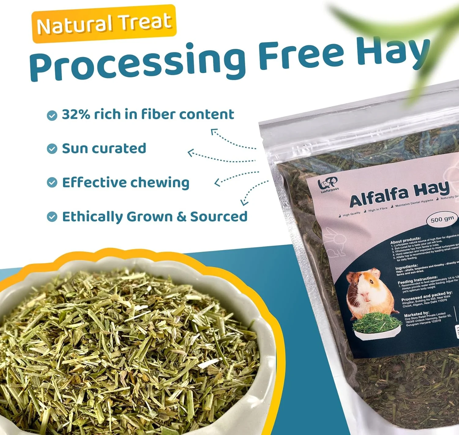 یونجه خشک برای خرگوش، خوکچه هندی، همستر و سایر حیوانات کوچک، غذای علوفه ای با طعم متنوع 500 گرمی