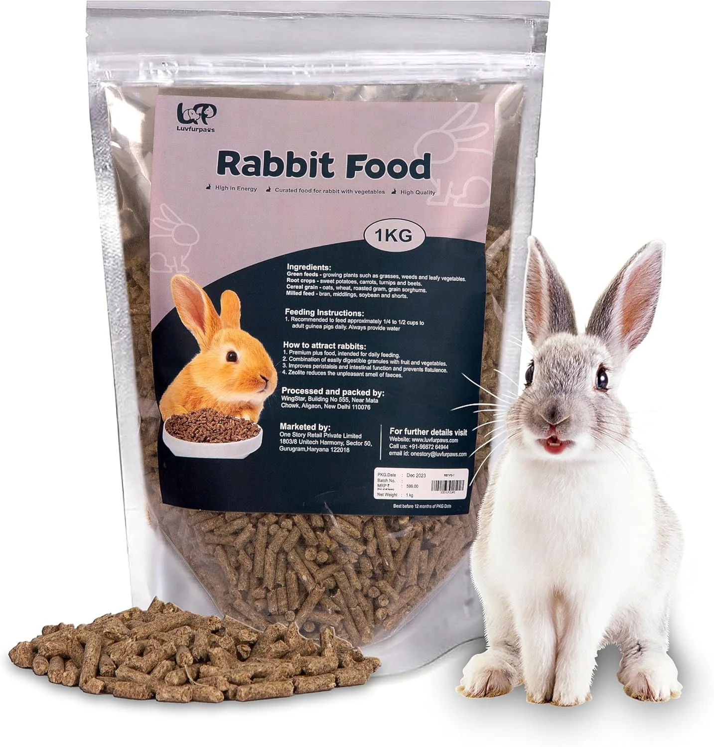 غذای خرگوش ممتاز | غذای خشک بسیار مغذی خرگوش | پلت خوراک | تمام مراحل زندگی | بسته 1 کیلوگرمی | رژیم غذایی طبیعی و متعادل با ویتامین ها، مواد معدنی و فیبر