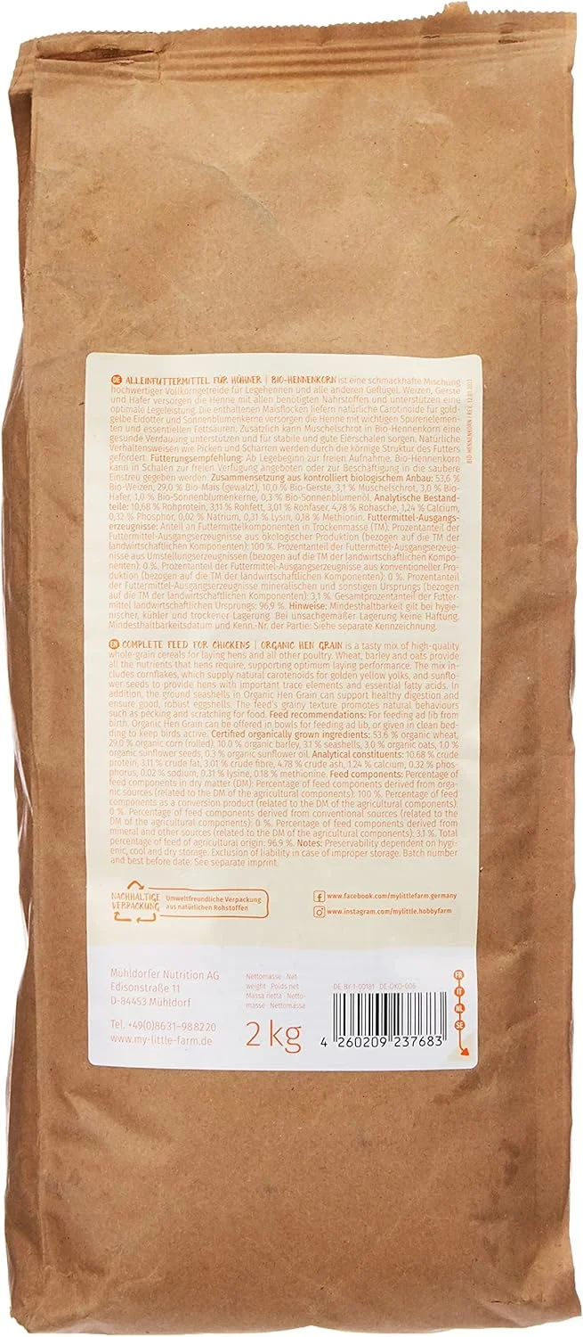 مخلوط دانه غلات کامل میهلدورفر برای مراقبت بهینه از مرغ های تخمگذار و سایر طیور. مواد تشکیل دهنده: 55% گندم ارگانیک، 29% ذرت ارگانیک (خرد شده)، 10% جو ارگانیک، 3% جو دوسر ارگانیک، 2% گوشت صدف ارگانیک، 1% تخمه آفتابگردان ارگانیک.