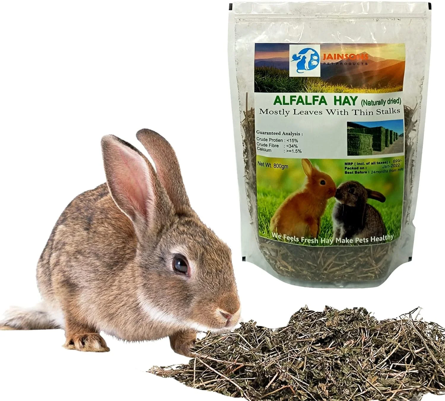 یونجه خشک طبیعی جینسانز پت پروداکتس ۸۰۰ گرمی، غذای غنی از پروتئین و فیبر برای خرگوش، خوکچه هندی، چینچیلا و راسو