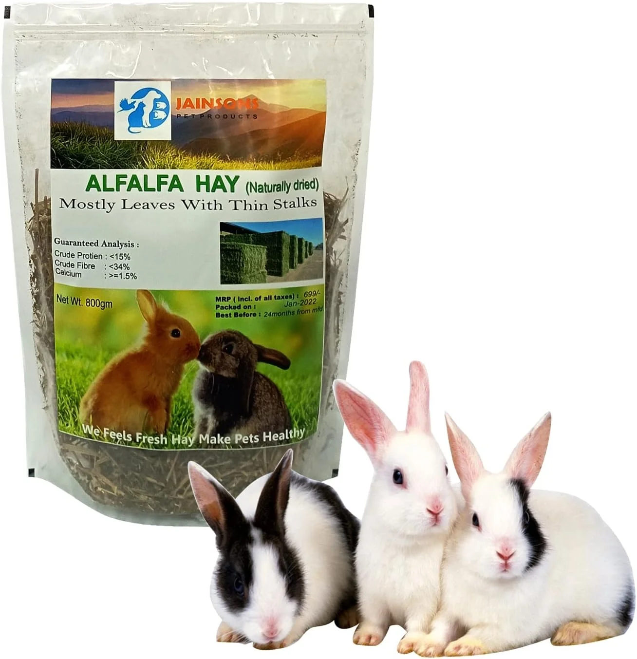 یونجه خشک طبیعی جینسانز پت پروداکتس ۸۰۰ گرمی، غذای غنی از پروتئین و فیبر برای خرگوش، خوکچه هندی، چینچیلا و راسو