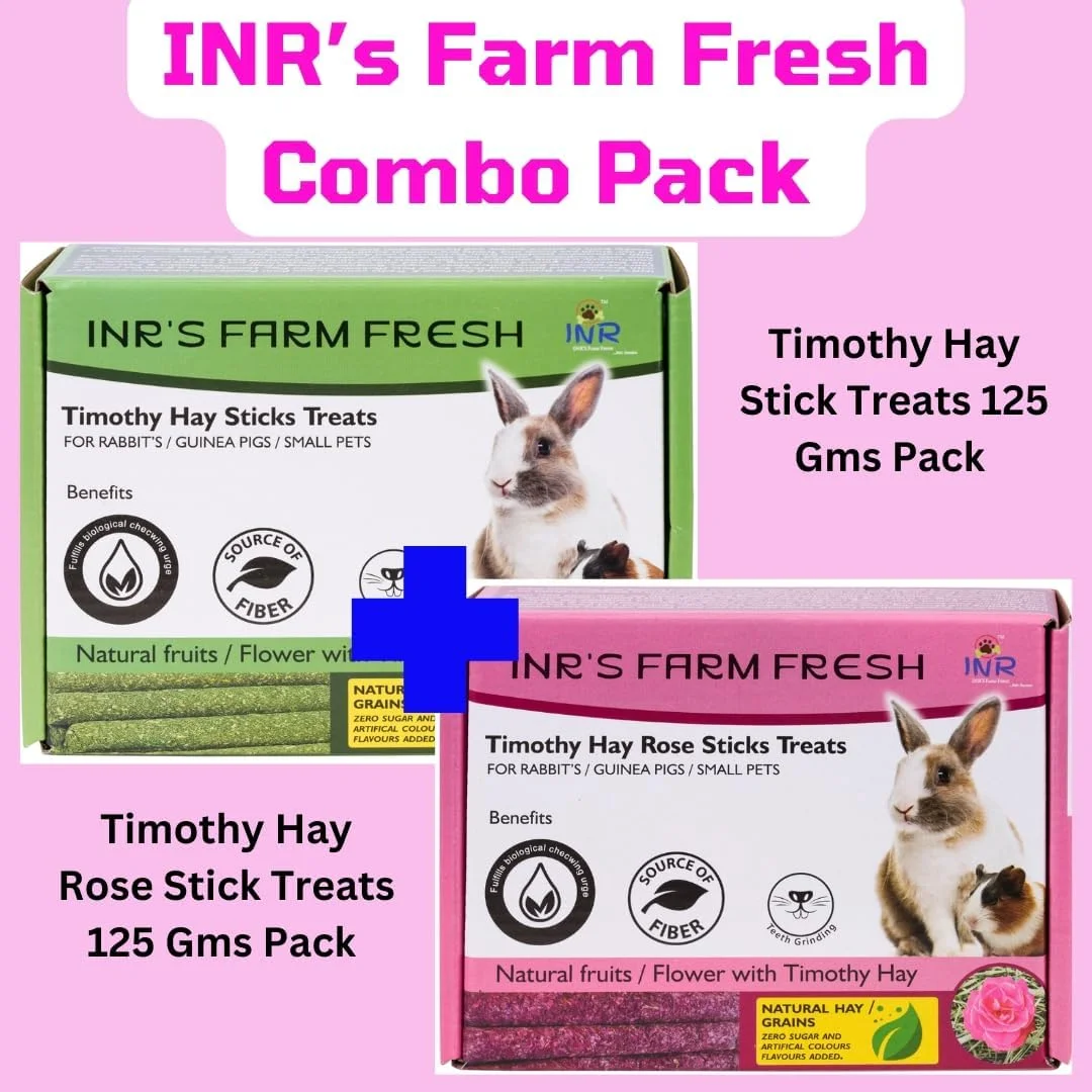 بسته ترکیبی ۱+۱ تشویقی چوبی یونجه تیموتی تازه مزرعه INR و تشویقی چوبی گل رز یونجه تیموتی برای خرگوش/خوکچه هندی/حیوانات خانگی کوچک